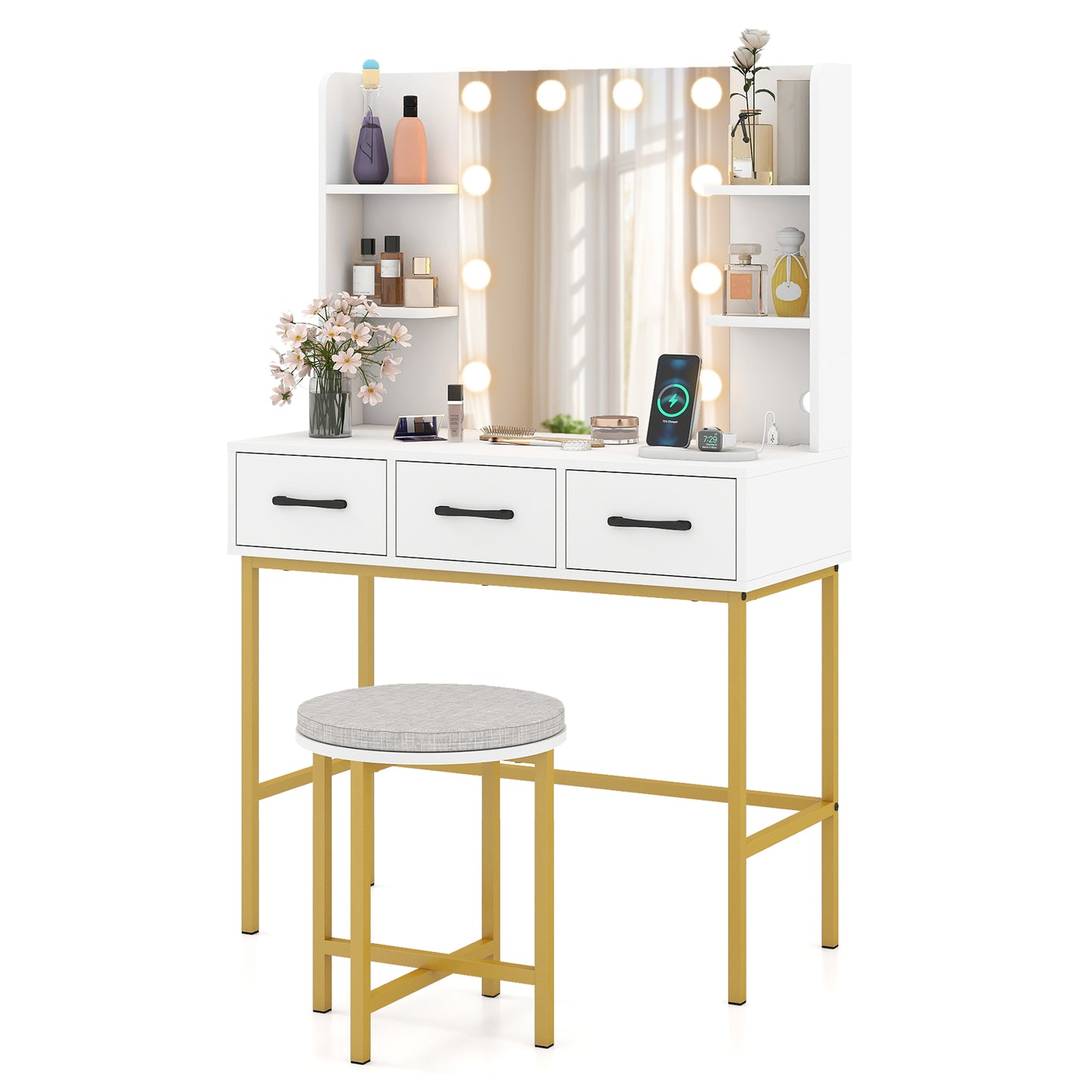 Vanity Desk with Lighted Mirror and Cushioned Stool Set