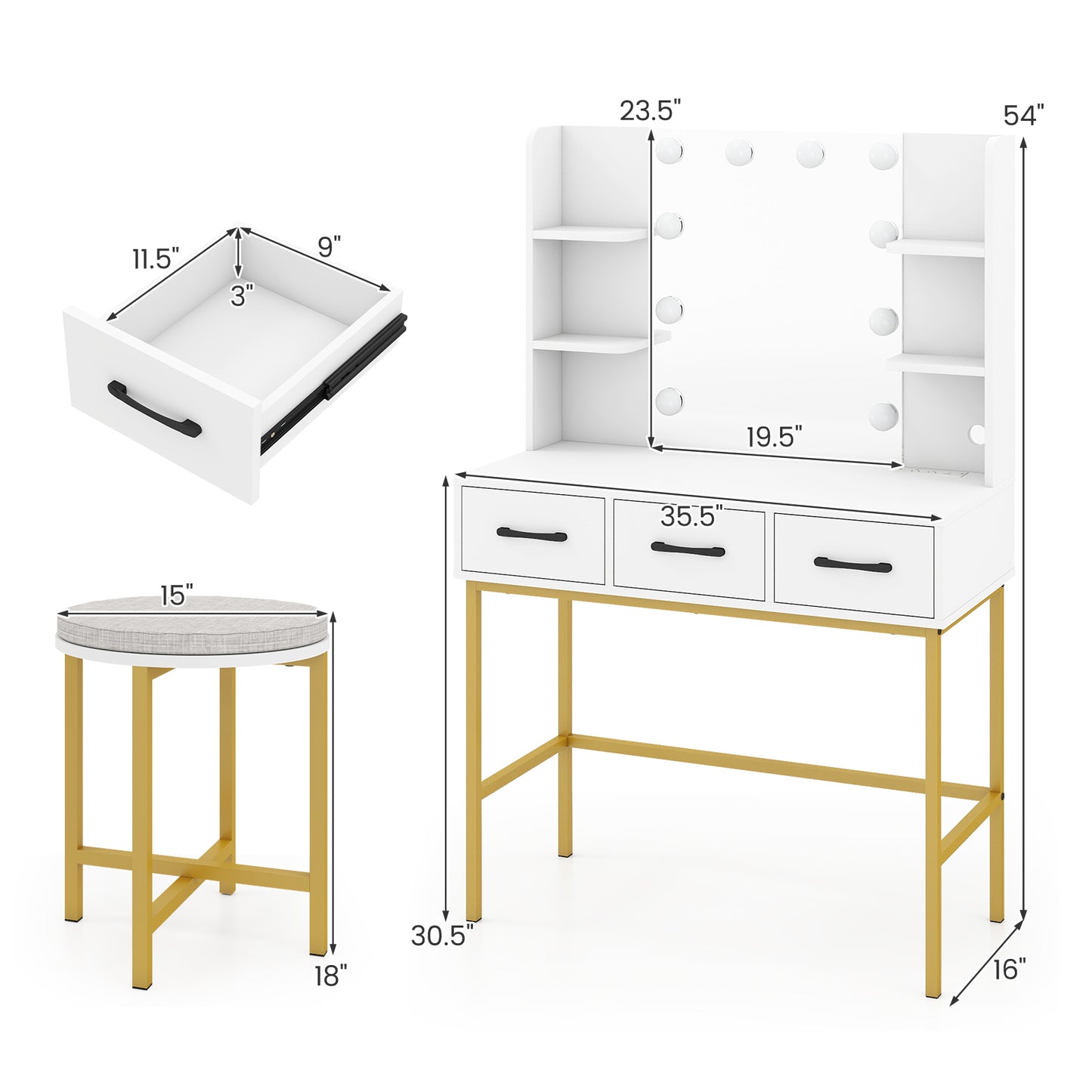 Vanity Desk with Lighted Mirror and Cushioned Stool Set