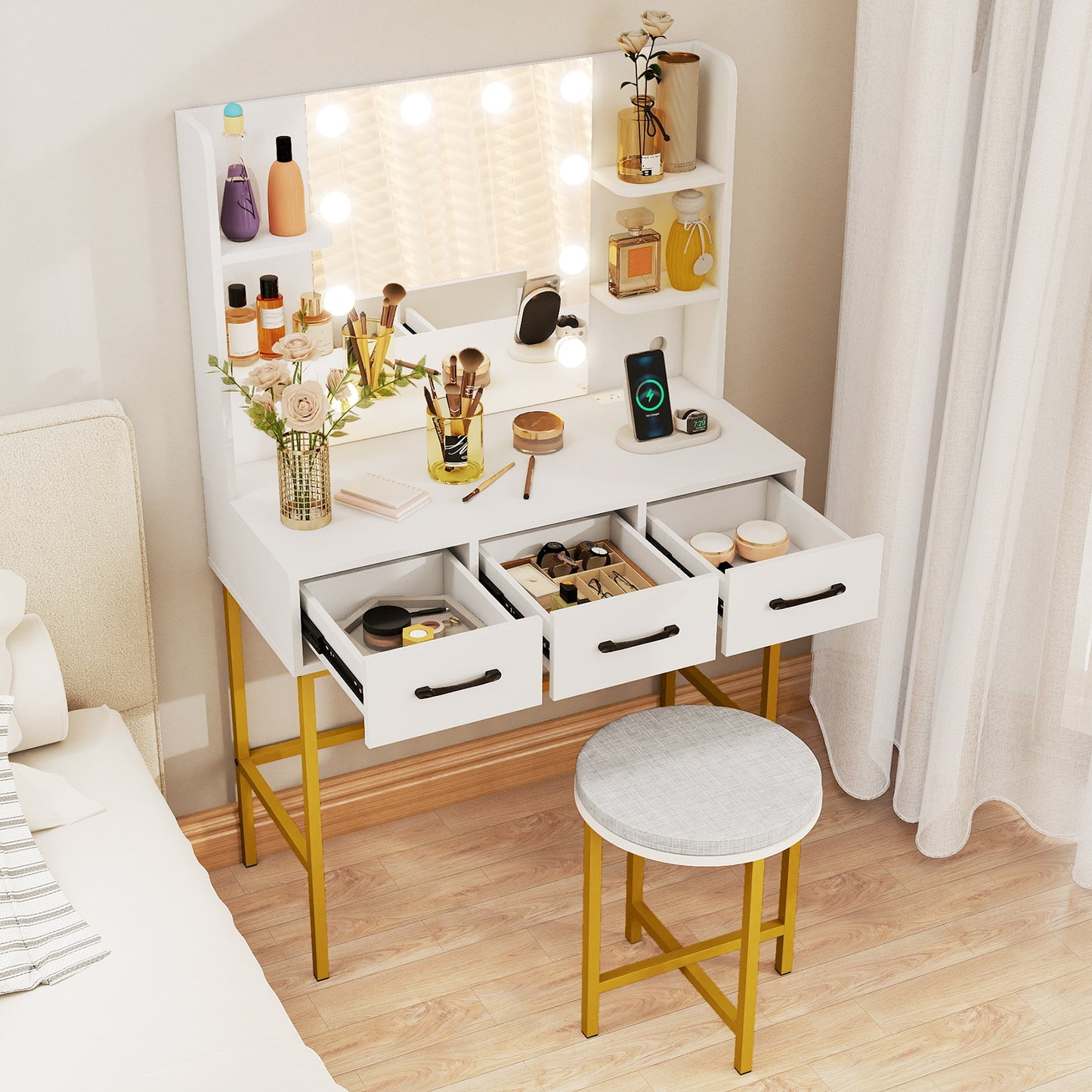 Vanity Desk with Lighted Mirror and Cushioned Stool Set
