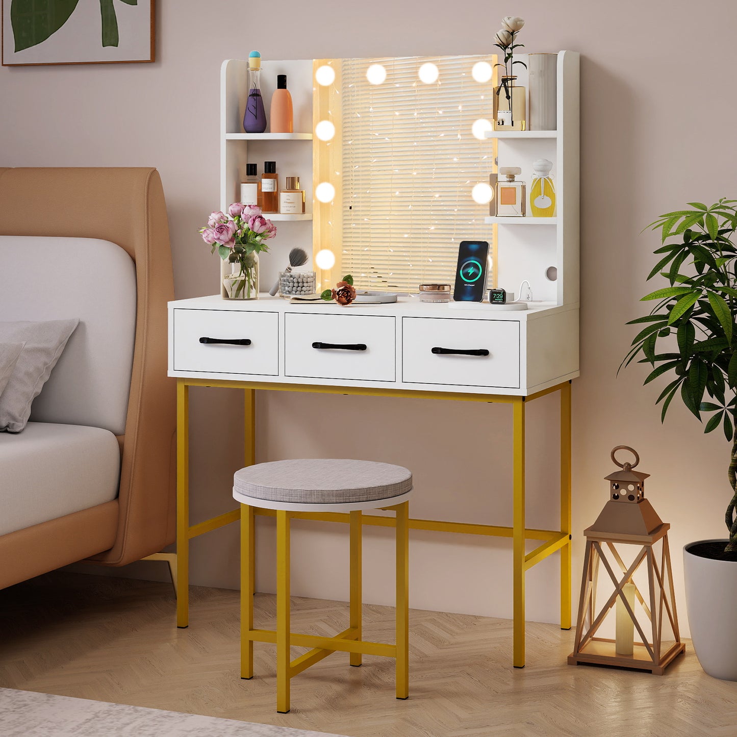 Vanity Desk with Lighted Mirror and Cushioned Stool Set