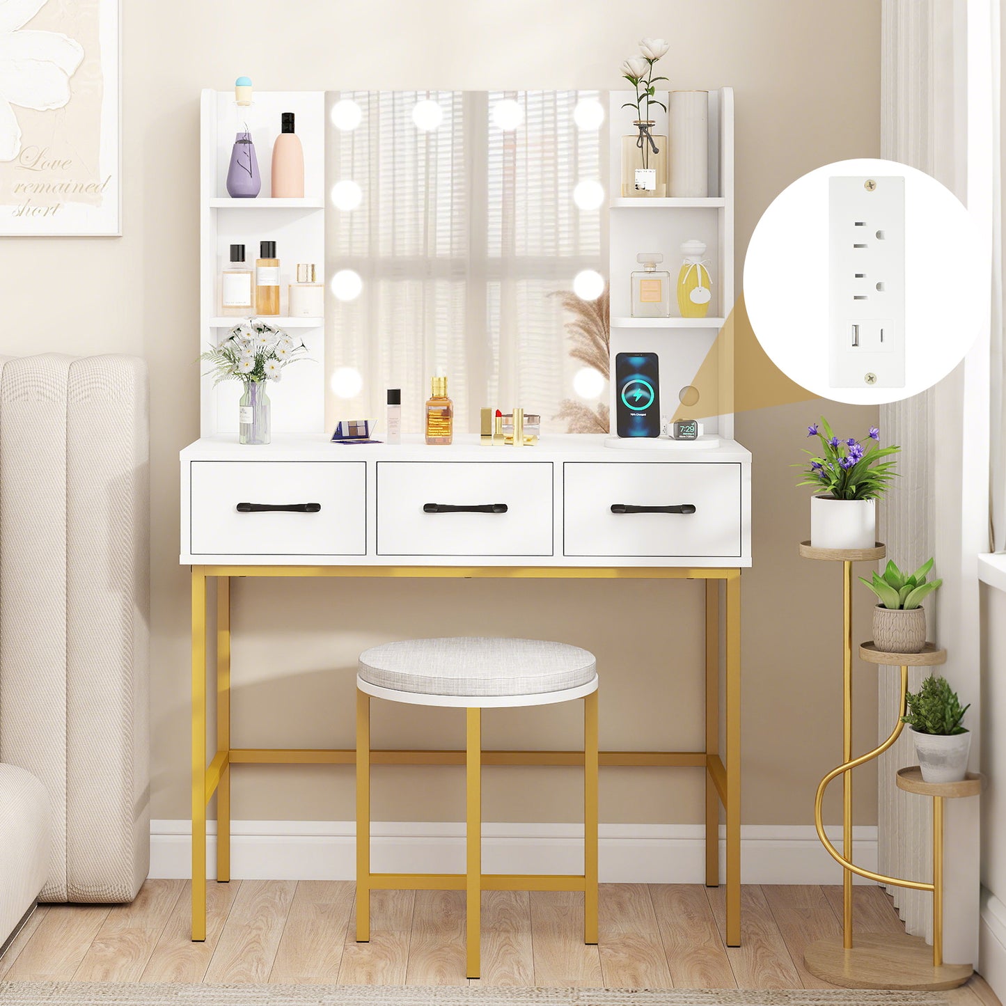 Vanity Desk with Lighted Mirror and Cushioned Stool Set
