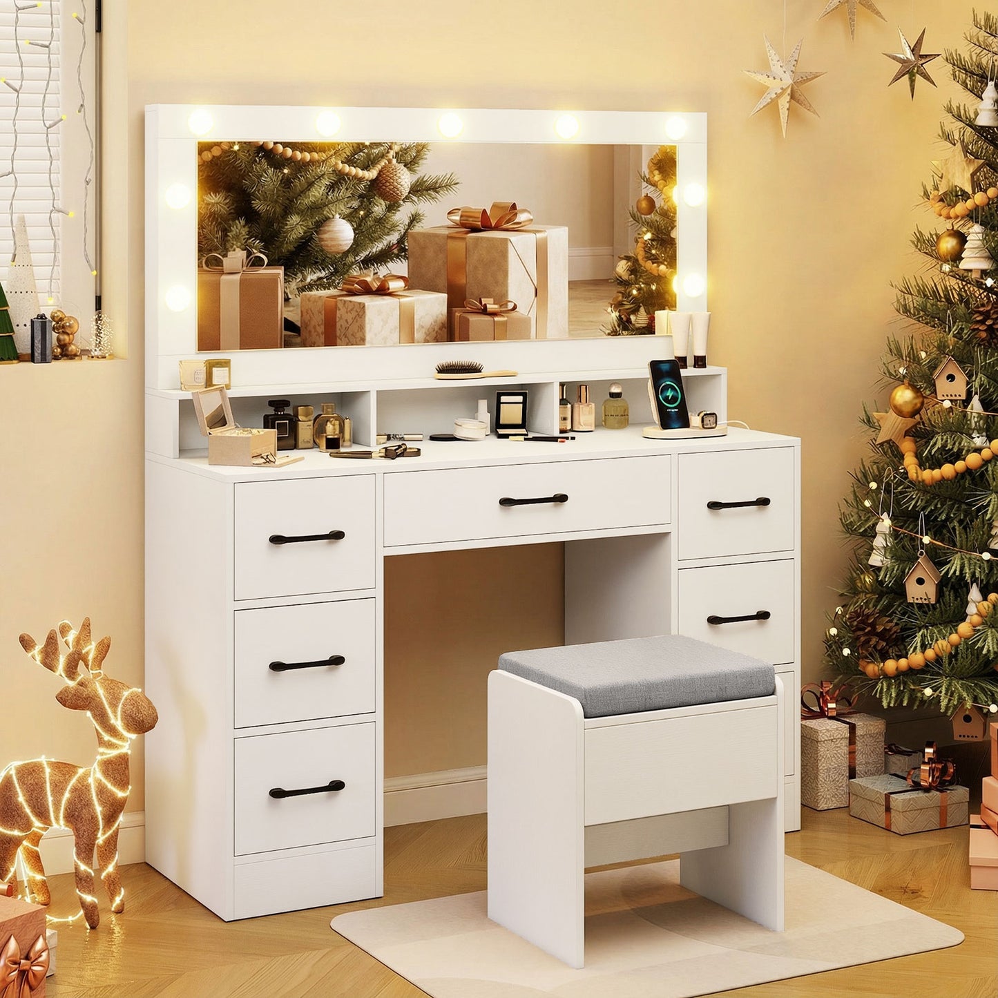 Vanity Desk with Lighted Mirror and Charging Station