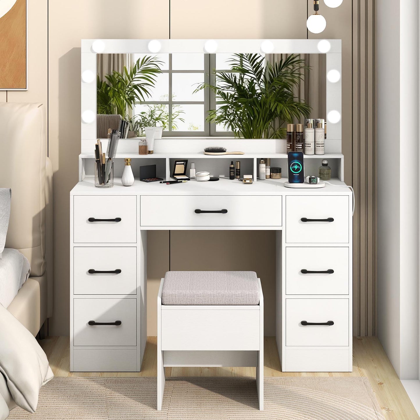 Vanity Desk with Lighted Mirror and Charging Station