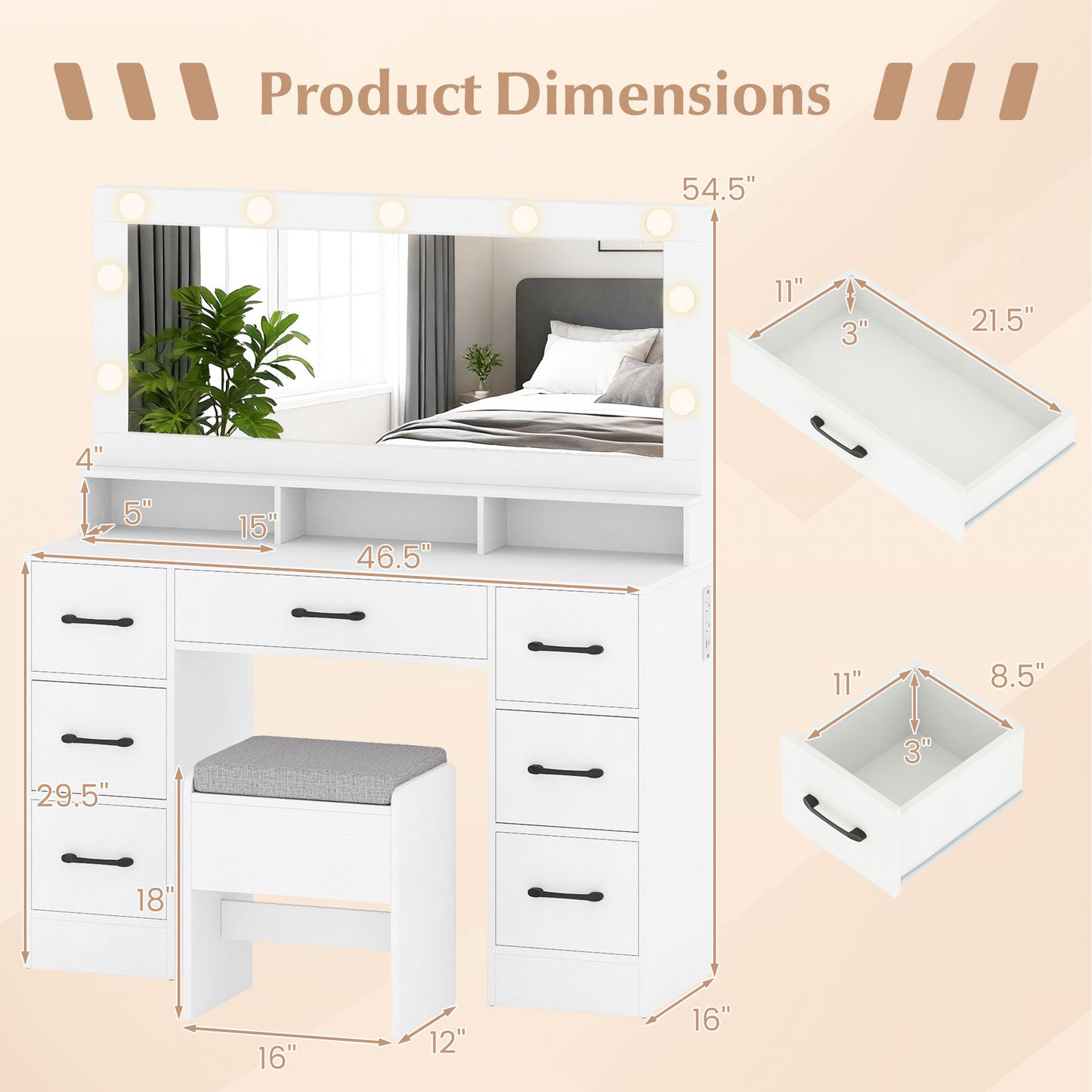 Vanity Desk with Lighted Mirror and Charging Station