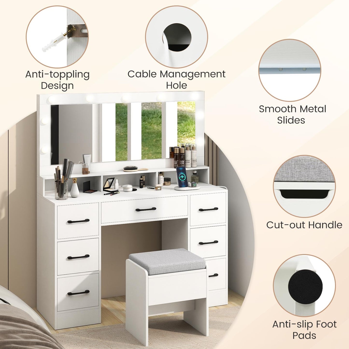 Vanity Desk with Lighted Mirror and Charging Station