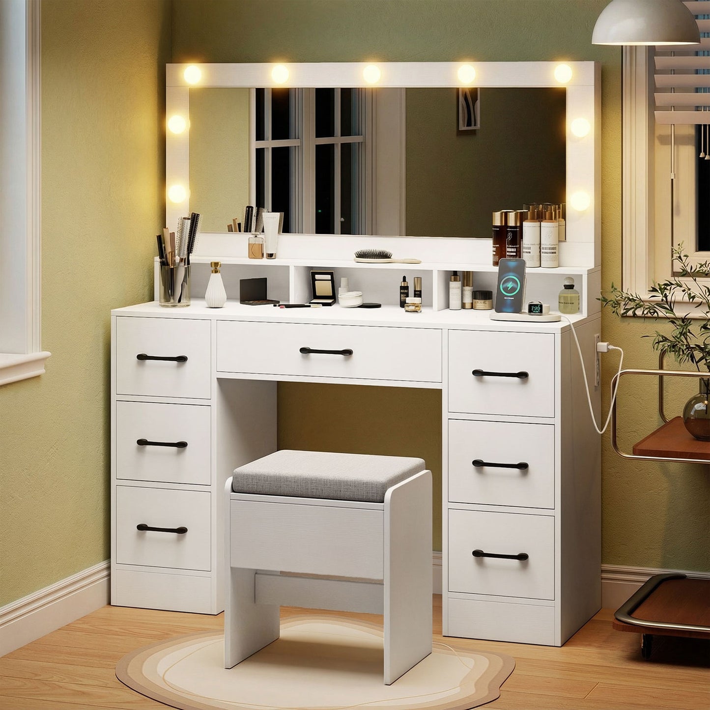 Vanity Desk with Lighted Mirror and Charging Station