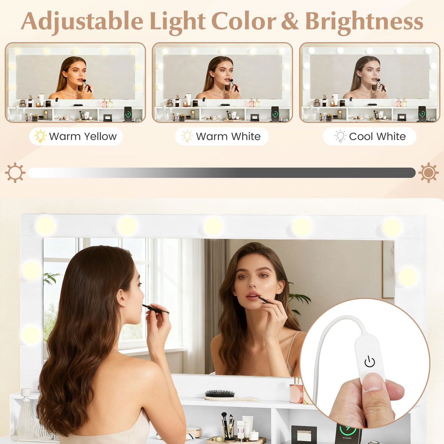 Vanity Desk with Lighted Mirror and Charging Station