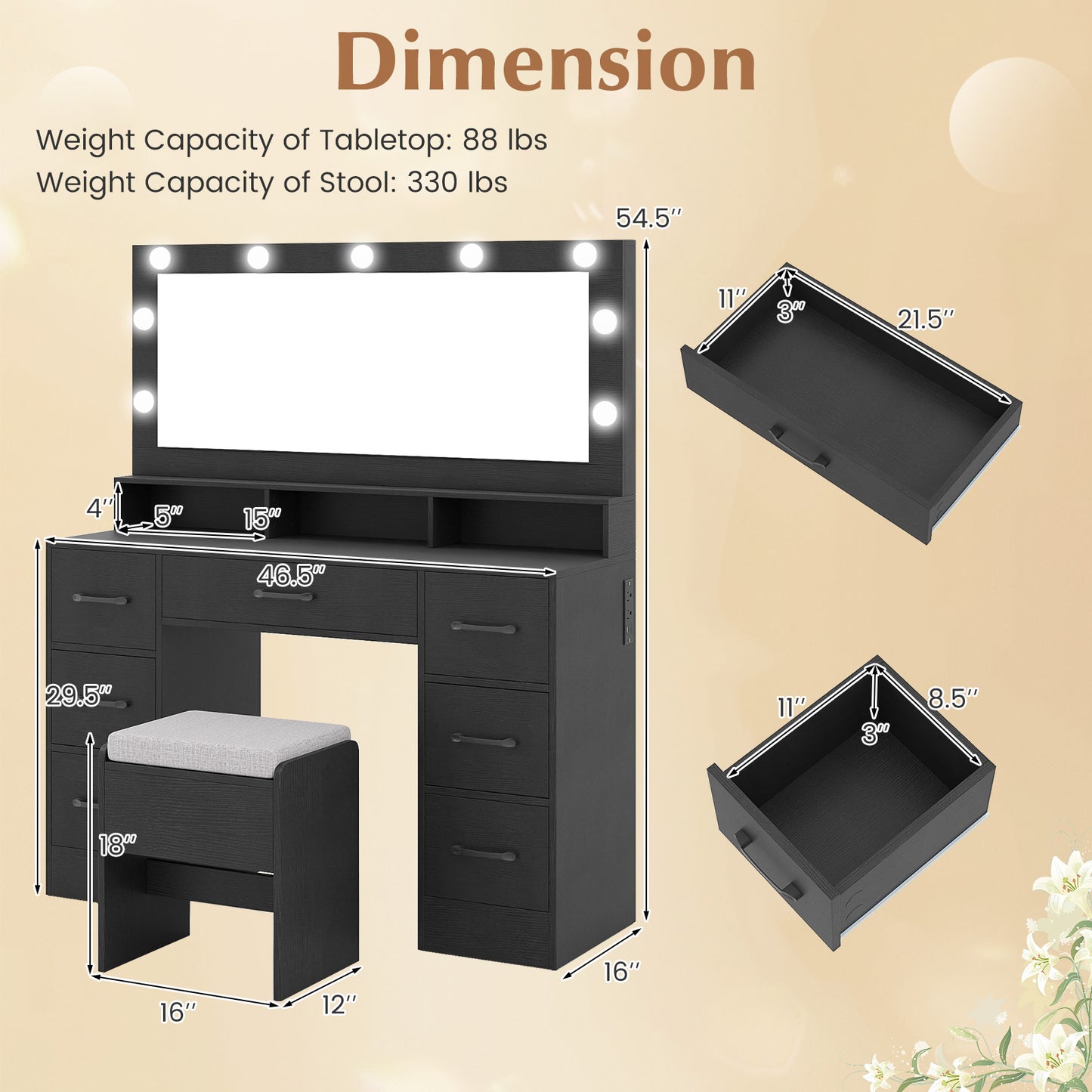 Vanity Desk with Lighted Mirror and Charging Station