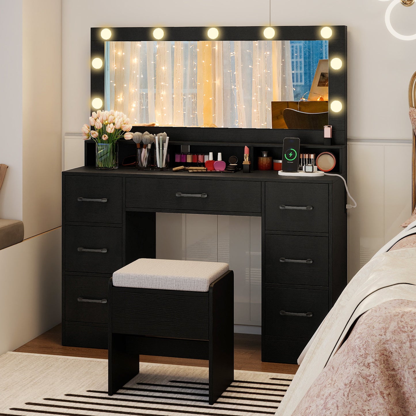 Vanity Desk with Lighted Mirror and Charging Station