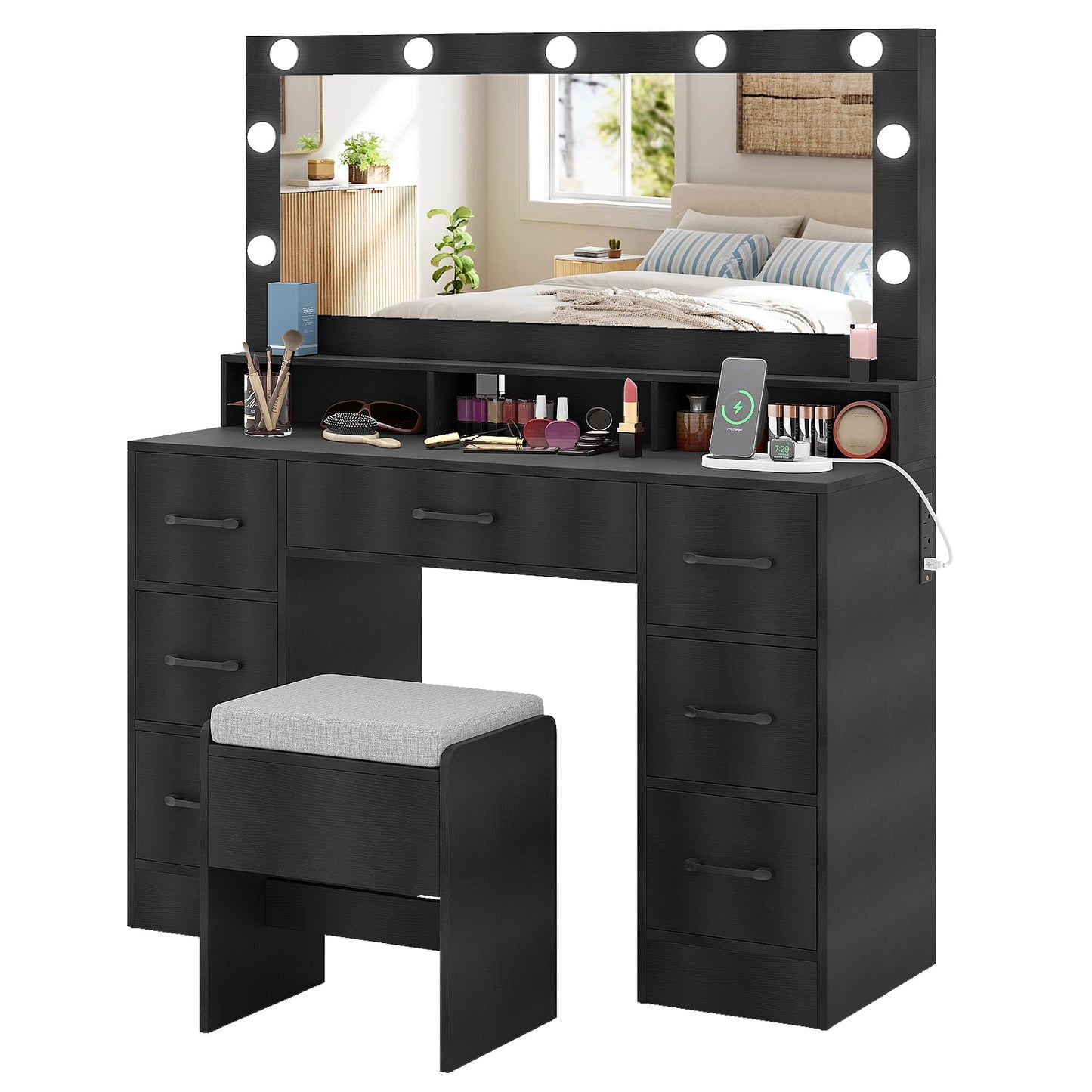 Vanity Desk with Lighted Mirror and Charging Station
