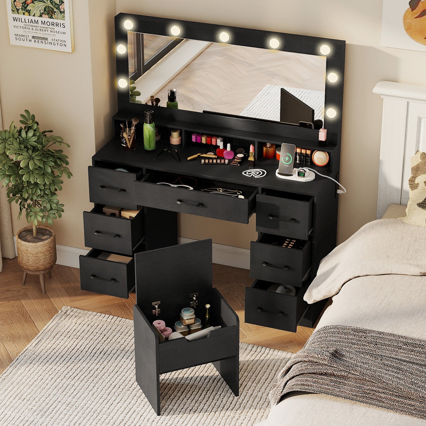 Vanity Desk with Lighted Mirror and Charging Station