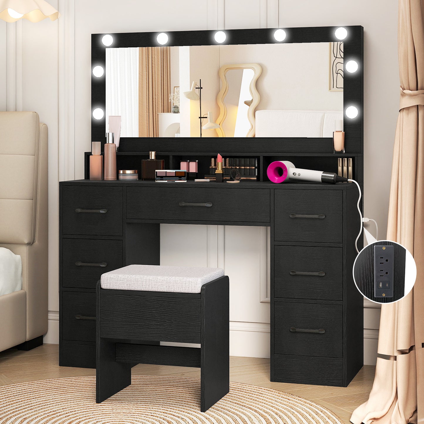 Vanity Desk with Lighted Mirror and Charging Station