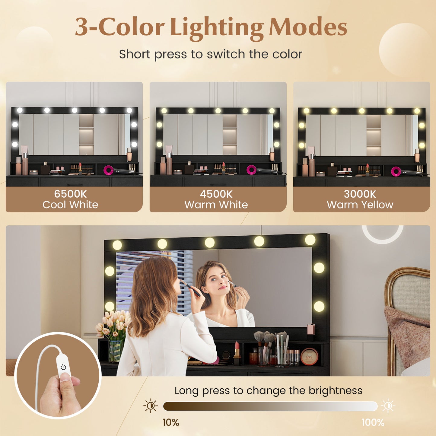 Vanity Desk with Lighted Mirror and Charging Station