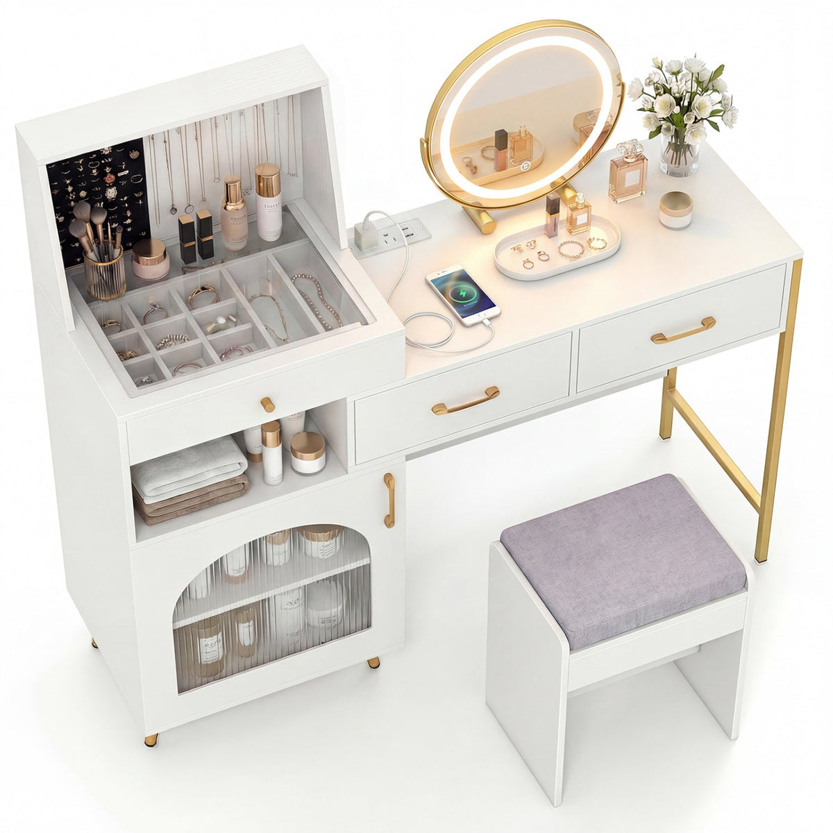 Vanity Desk with Lighted Mirror, Storage & Cushioned Stool