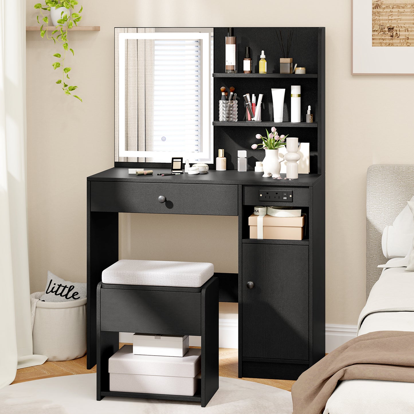 Vanity Desk with Lighted Mirror and Storage Stool
