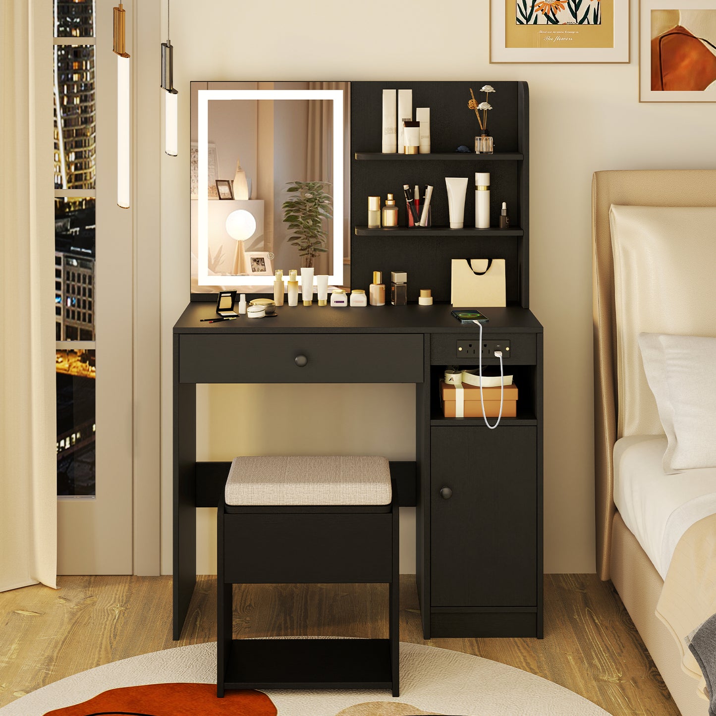 Vanity Desk with Lighted Mirror and Storage Stool