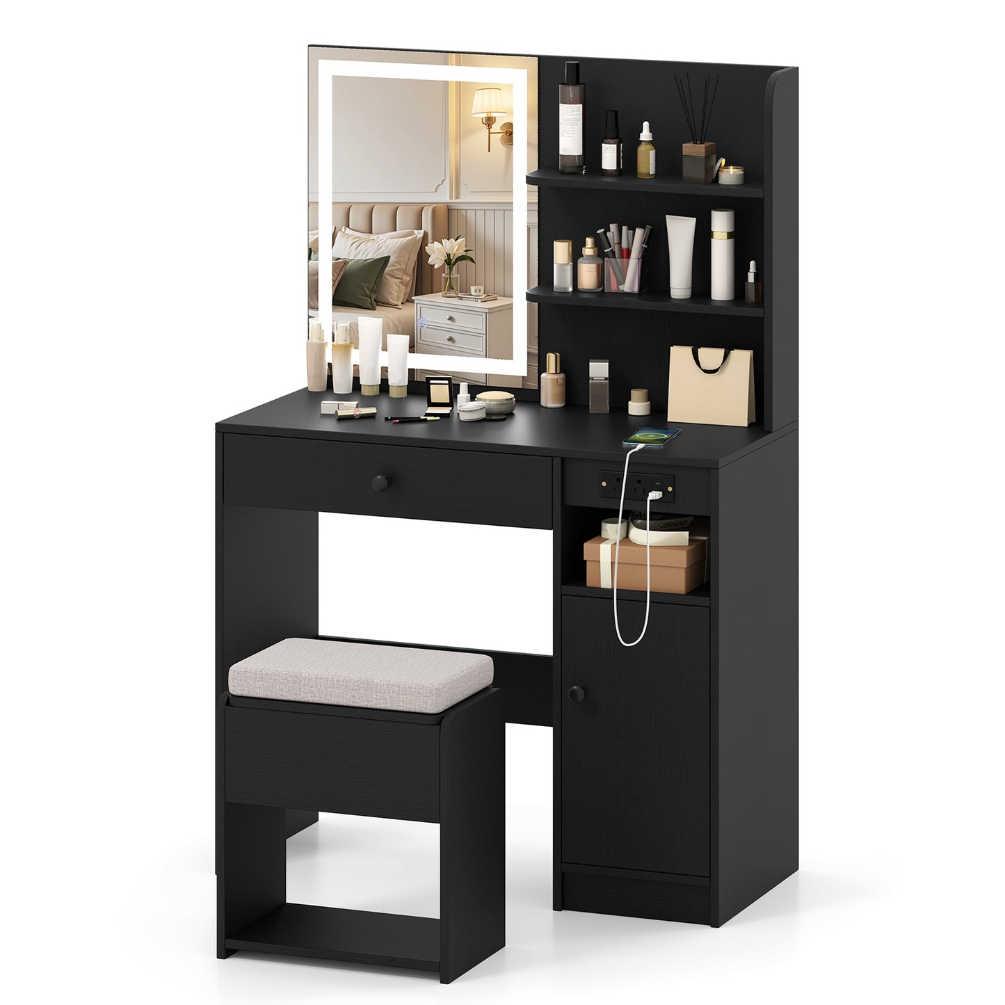 Vanity Desk with Lighted Mirror and Storage Stool