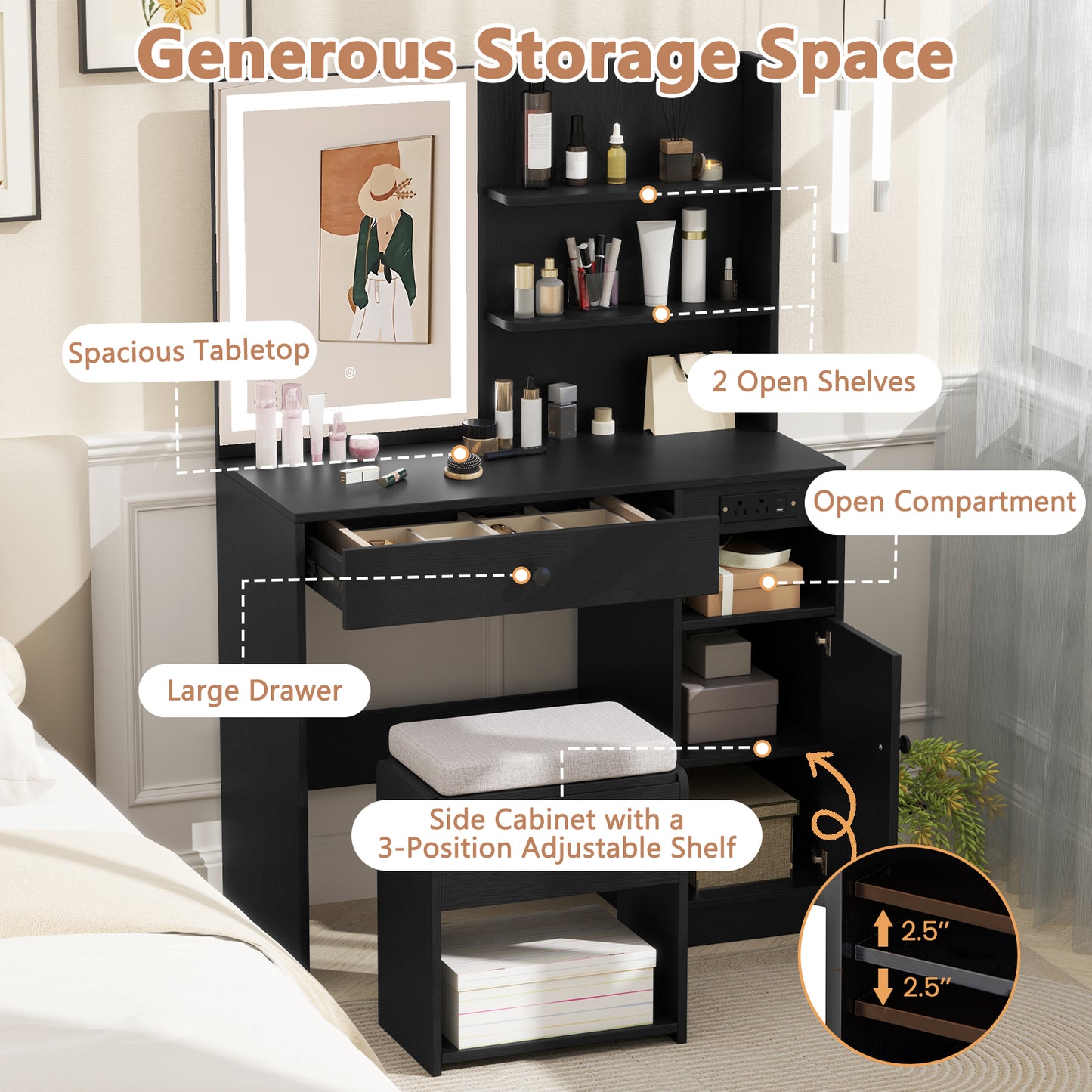 Vanity Desk with Lighted Mirror and Storage Stool