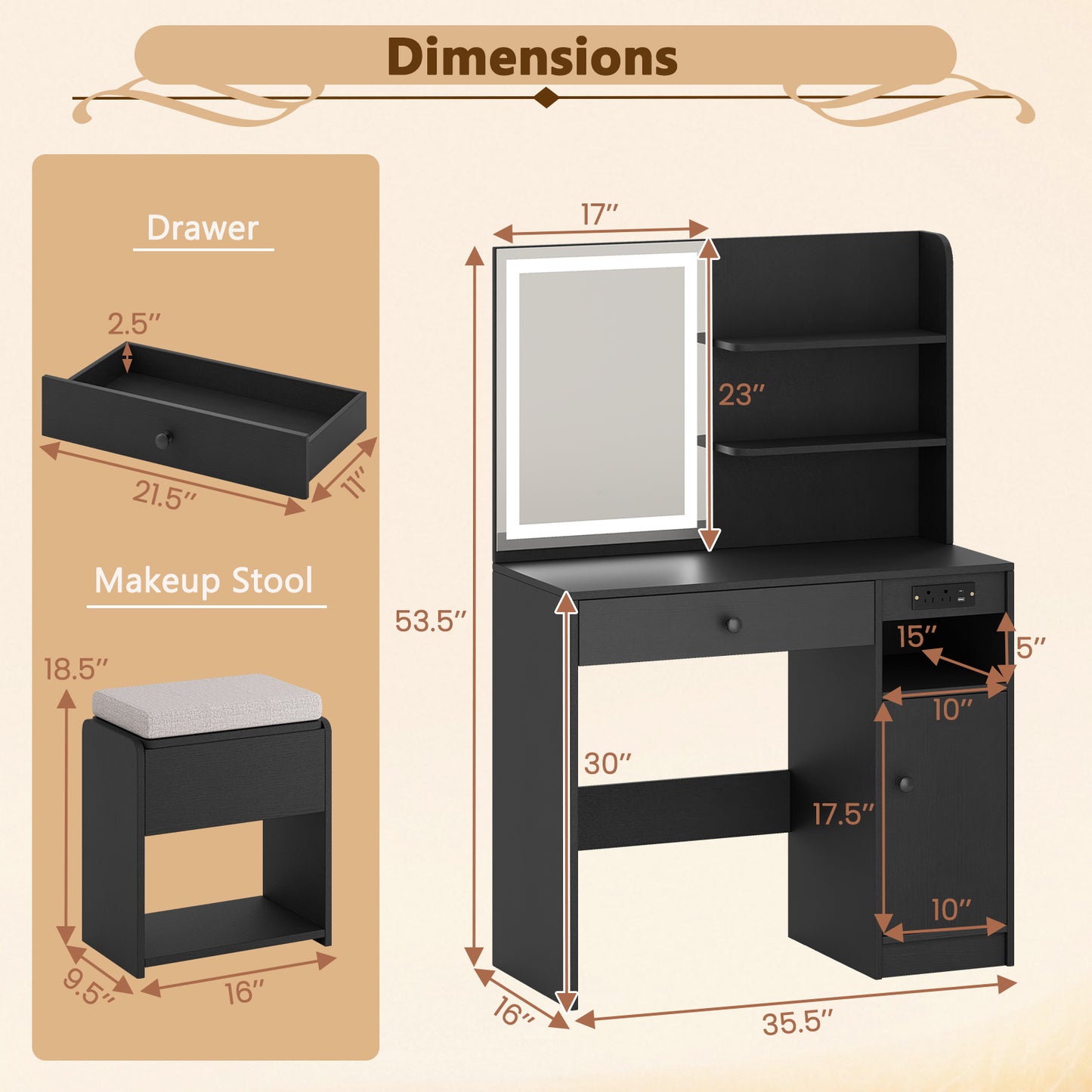 Vanity Desk with Lighted Mirror and Storage Stool