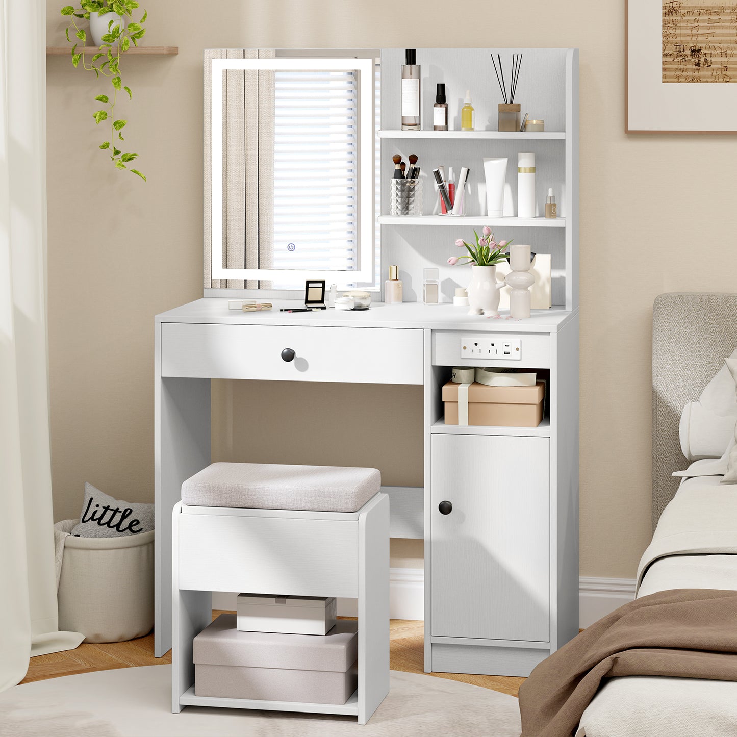 Vanity Desk with Lighted Mirror and Storage Stool