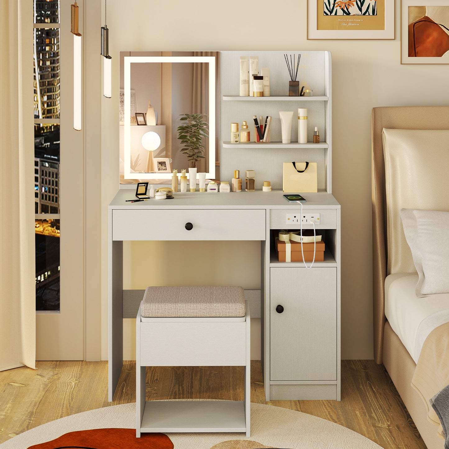 Vanity Desk with Lighted Mirror and Storage Stool