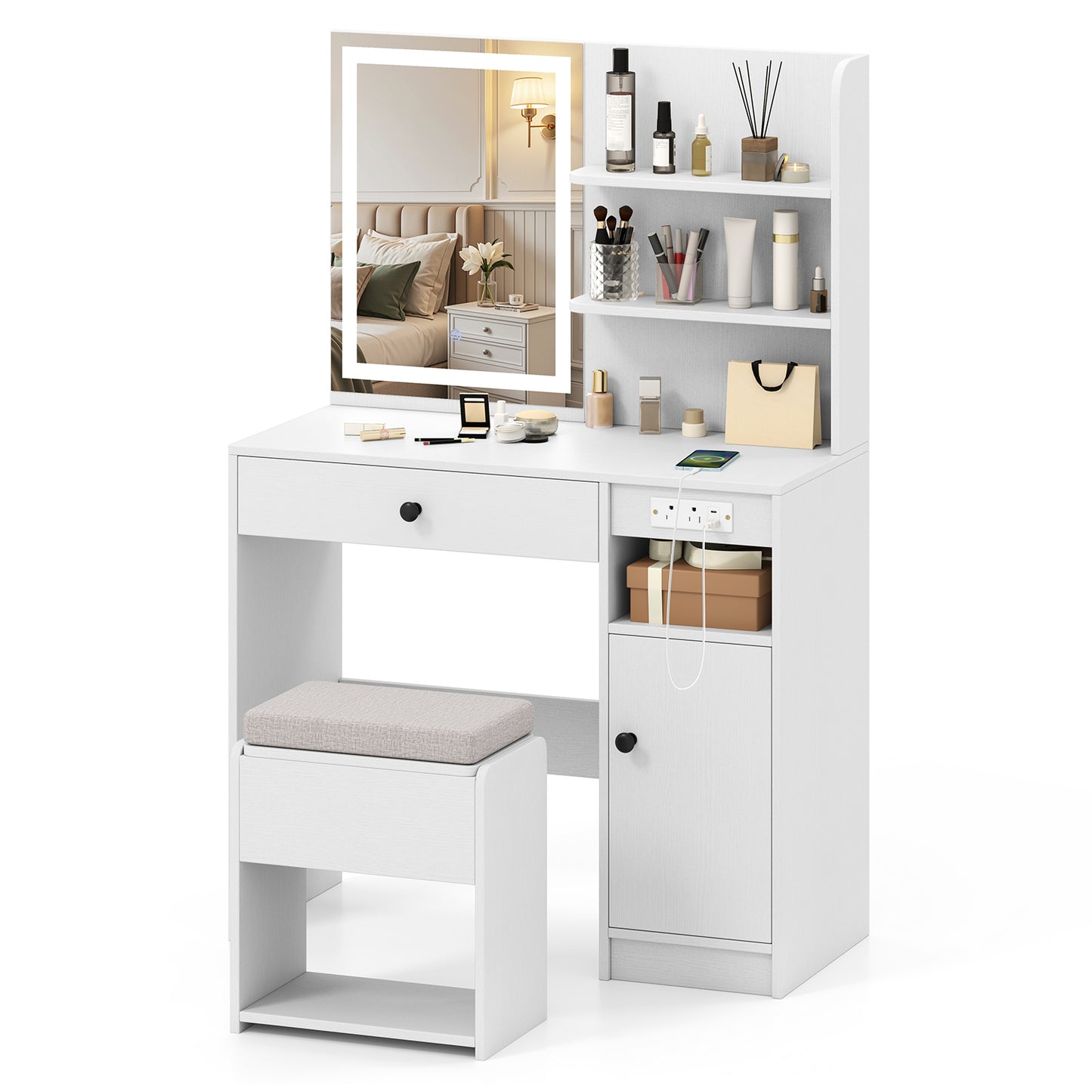 Vanity Desk with Lighted Mirror and Storage Stool