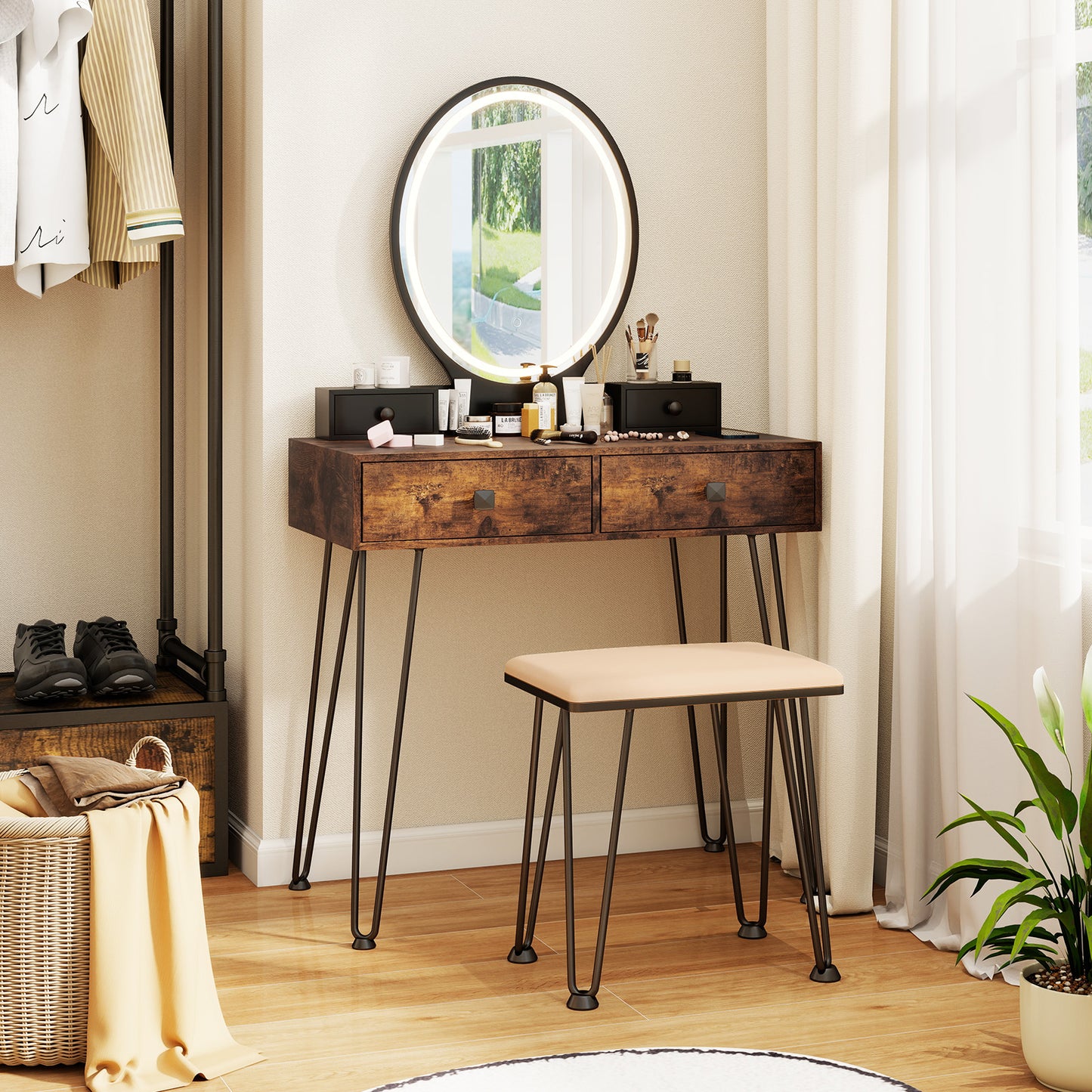 Vanity Table Set with 3-Color Lighted Mirror & Stool