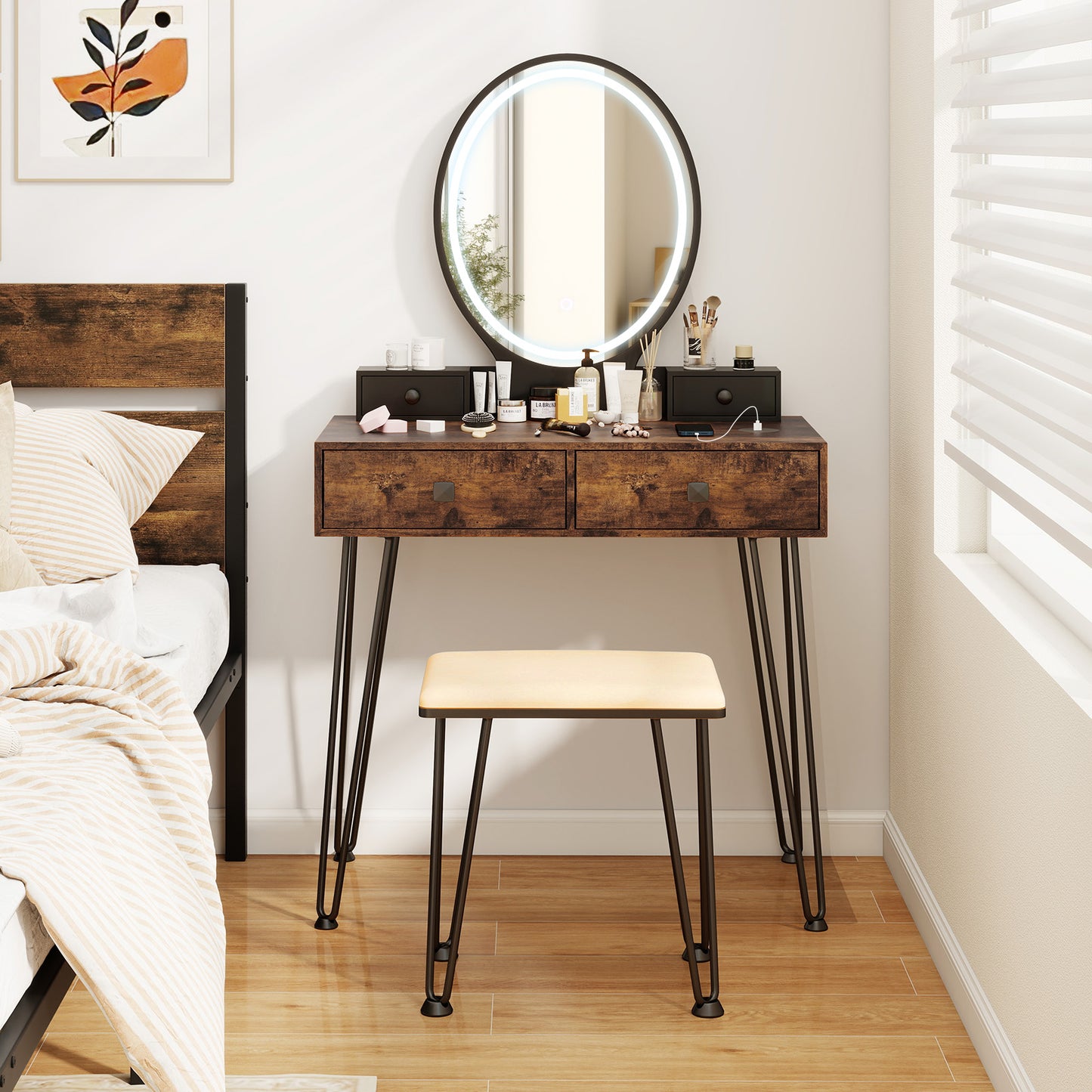 Vanity Table Set with 3-Color Lighted Mirror & Stool