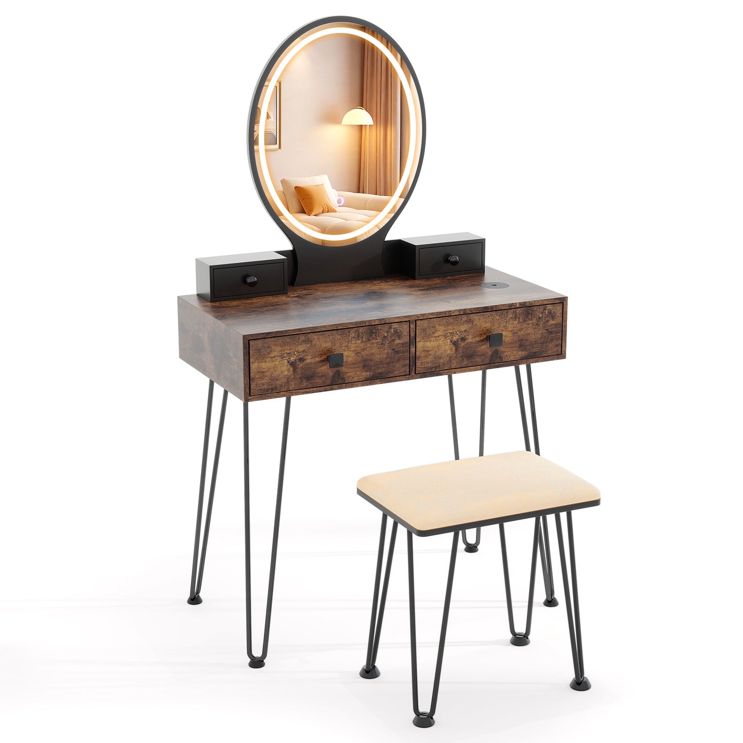 Vanity Table Set with 3-Color Lighted Mirror & Stool
