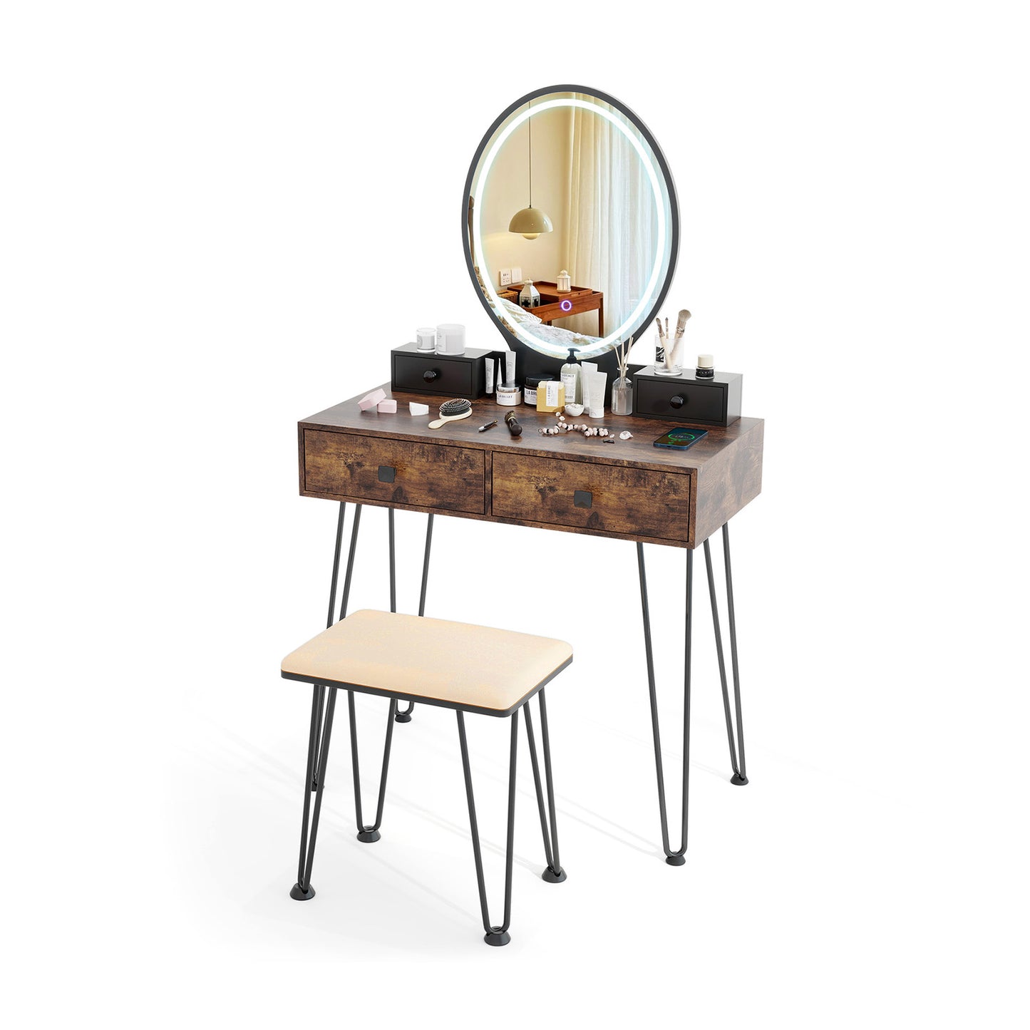 Vanity Table Set with 3-Color Lighted Mirror & Stool