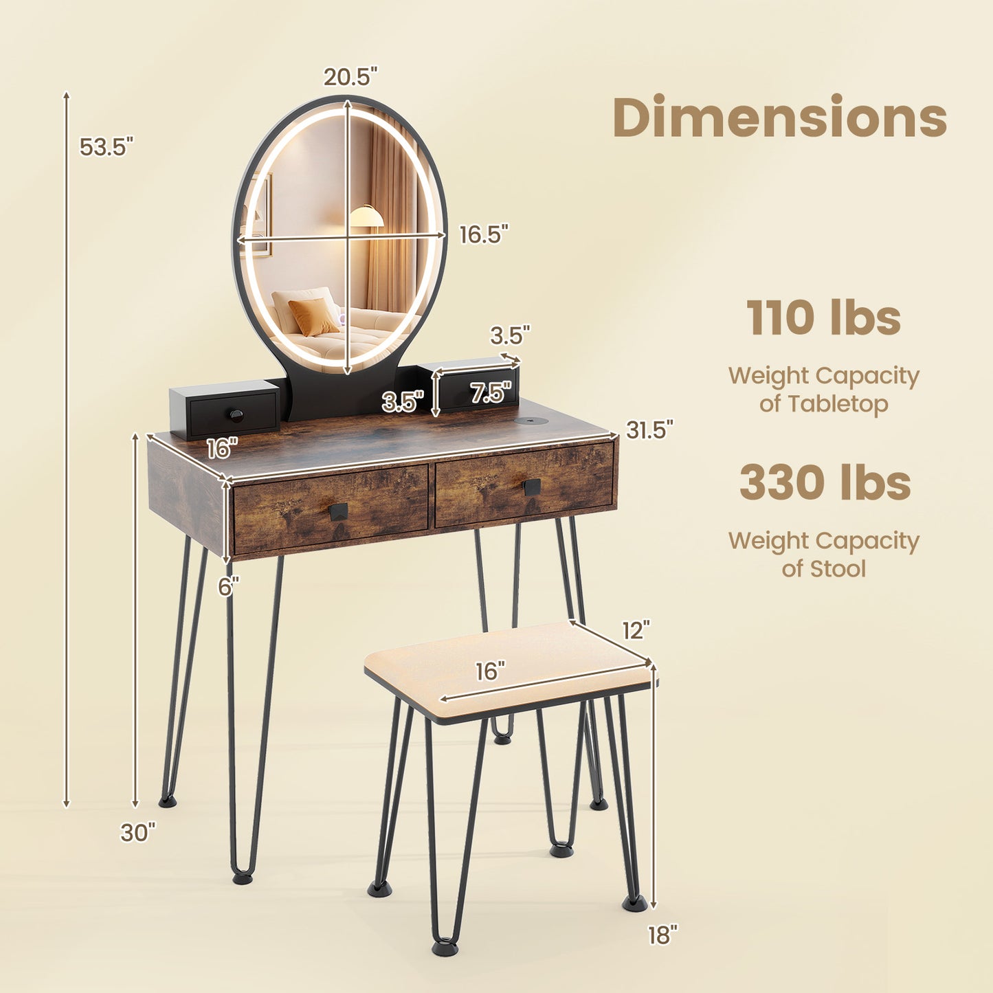 Vanity Table Set with 3-Color Lighted Mirror & Stool