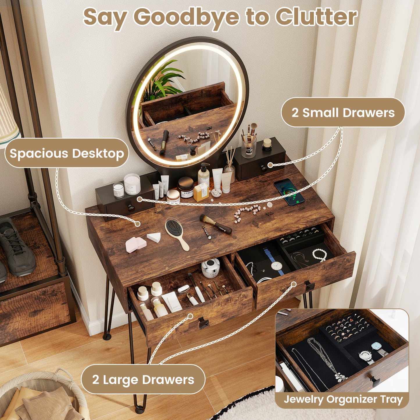 Vanity Table Set with 3-Color Lighted Mirror & Stool