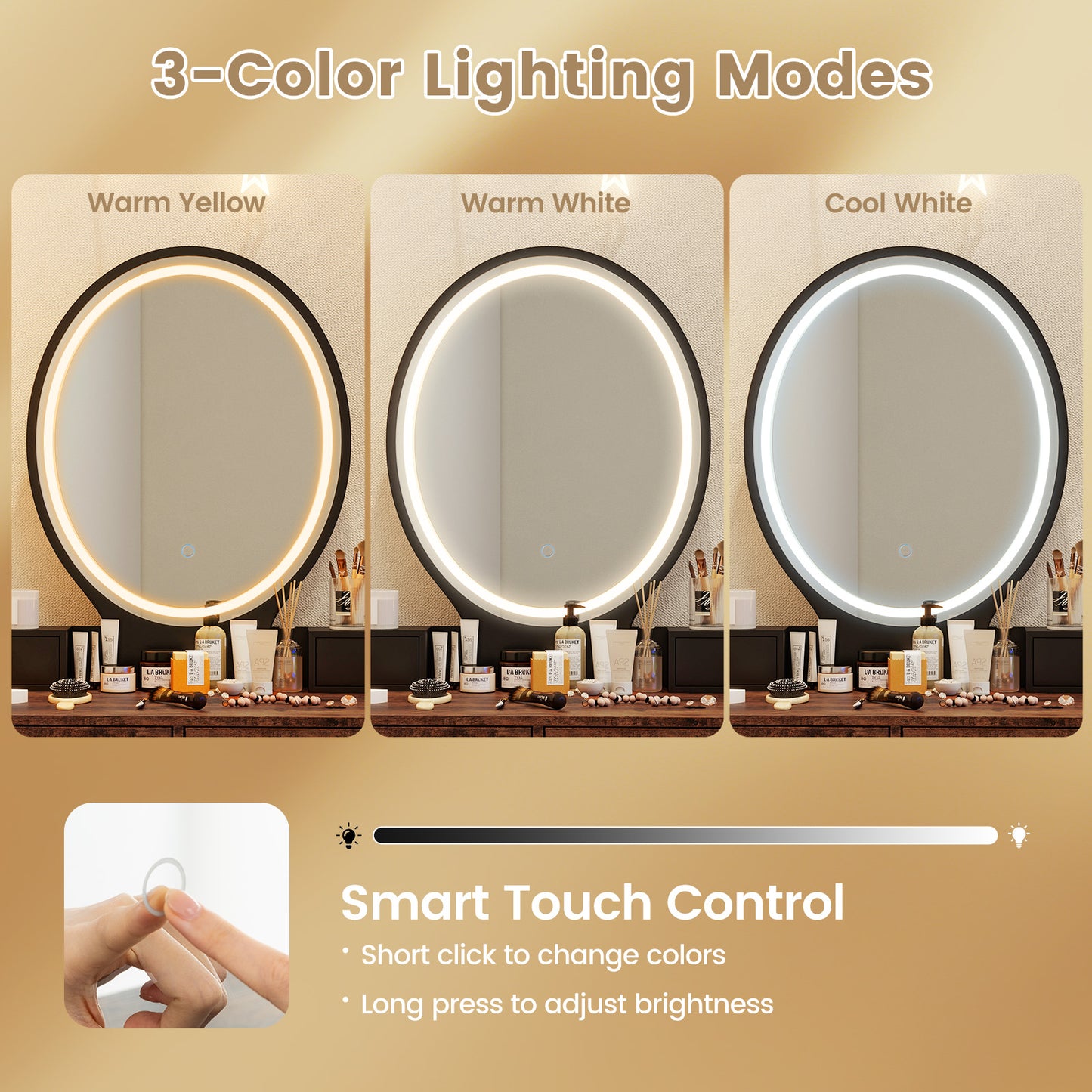 Vanity Table Set with 3-Color Lighted Mirror & Stool