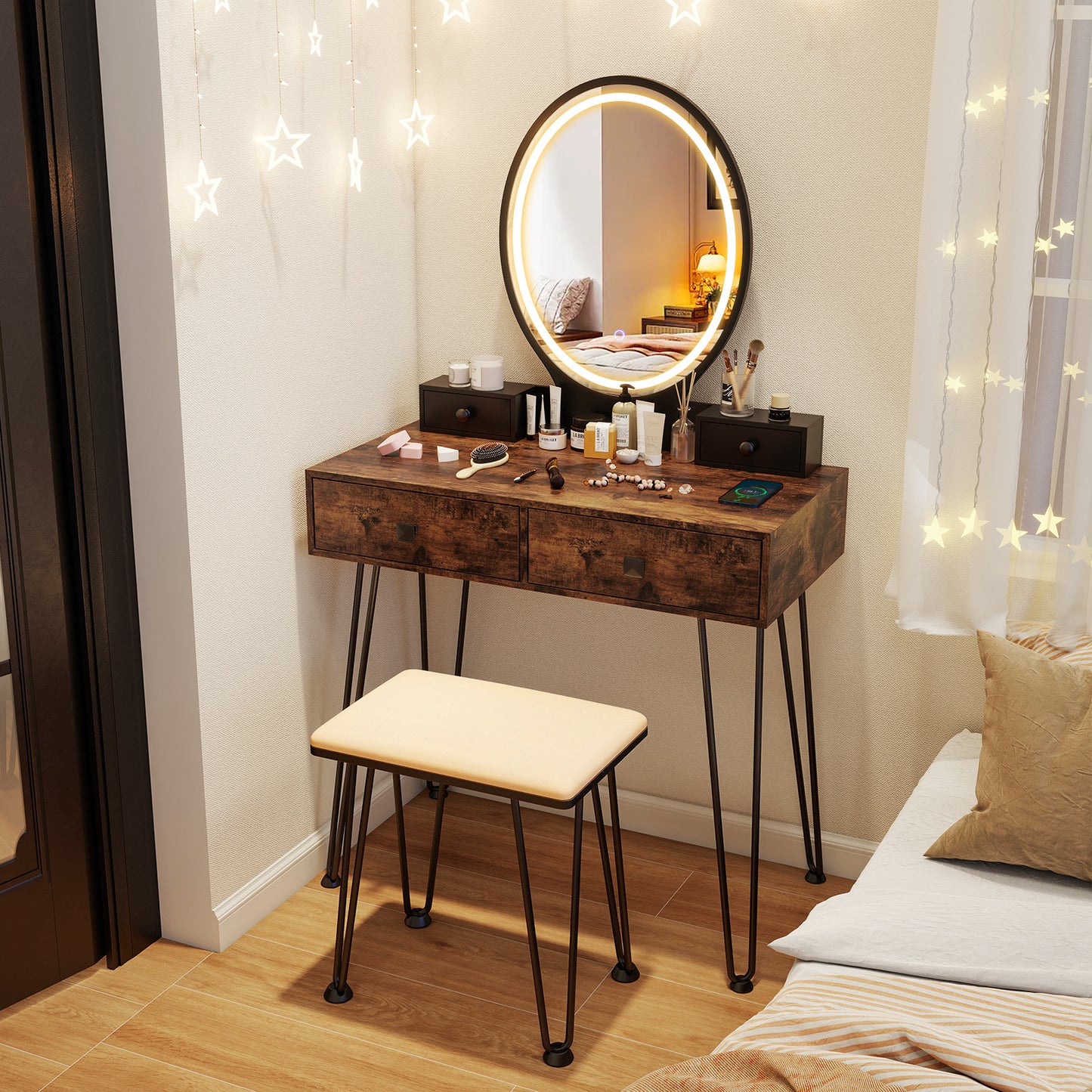 Vanity Table Set with 3-Color Lighted Mirror & Stool