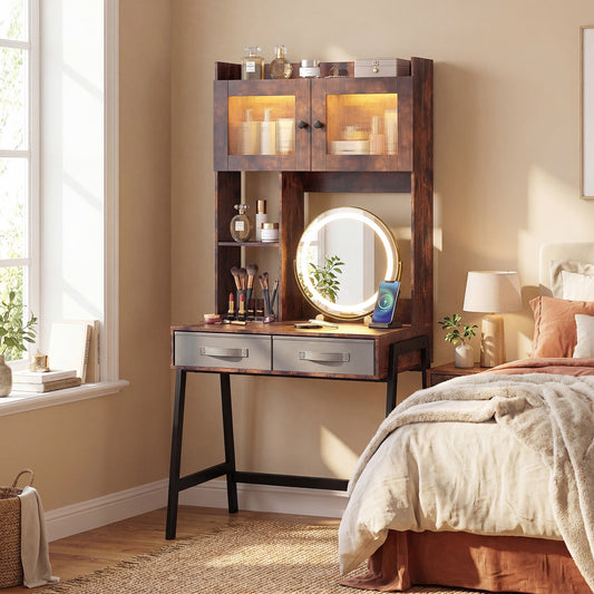 Vanity Desk with Rotatable Lighted Mirror and Storage