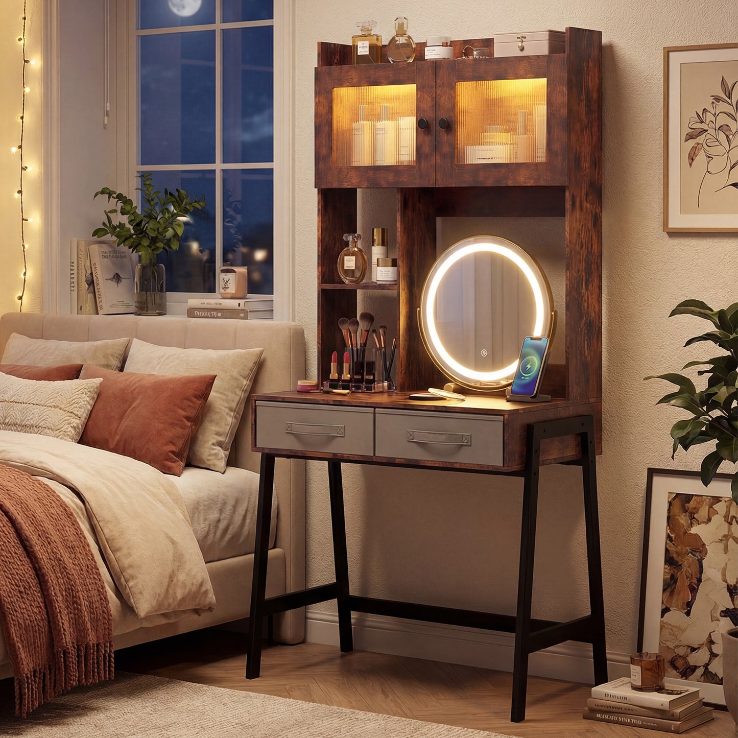 Vanity Desk with Rotatable Lighted Mirror and Storage