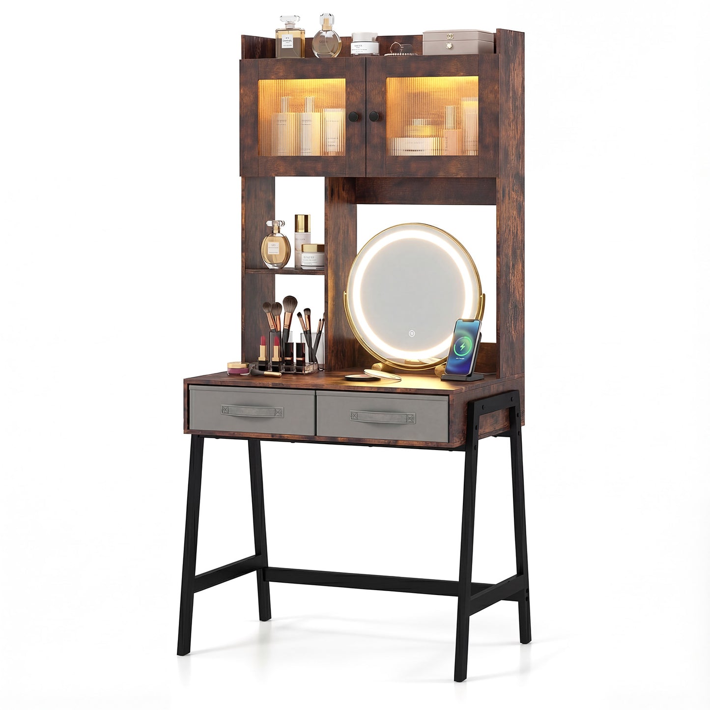 Vanity Desk with Rotatable Lighted Mirror and Storage