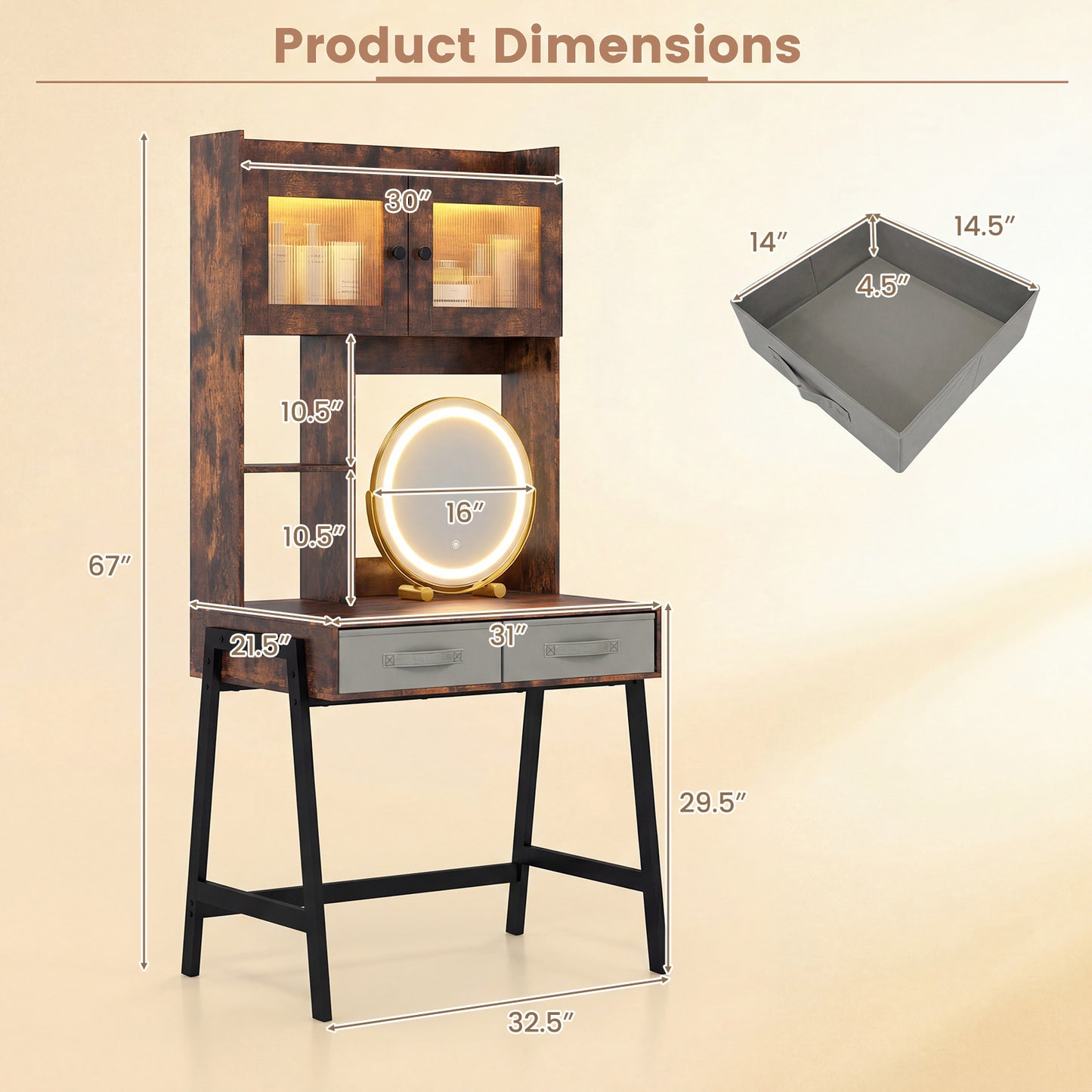 Vanity Desk with Rotatable Lighted Mirror and Storage