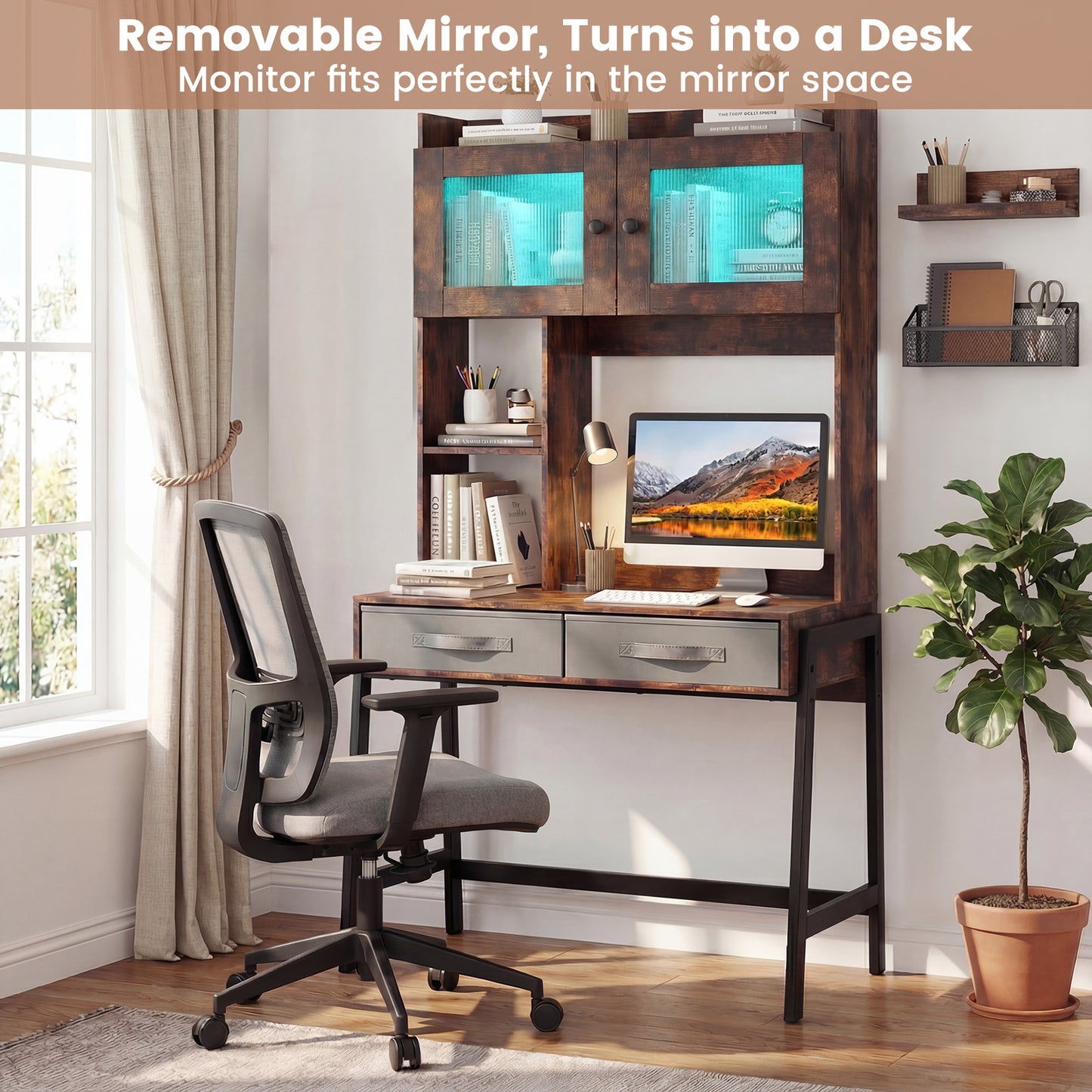 Vanity Desk with Rotatable Lighted Mirror and Storage