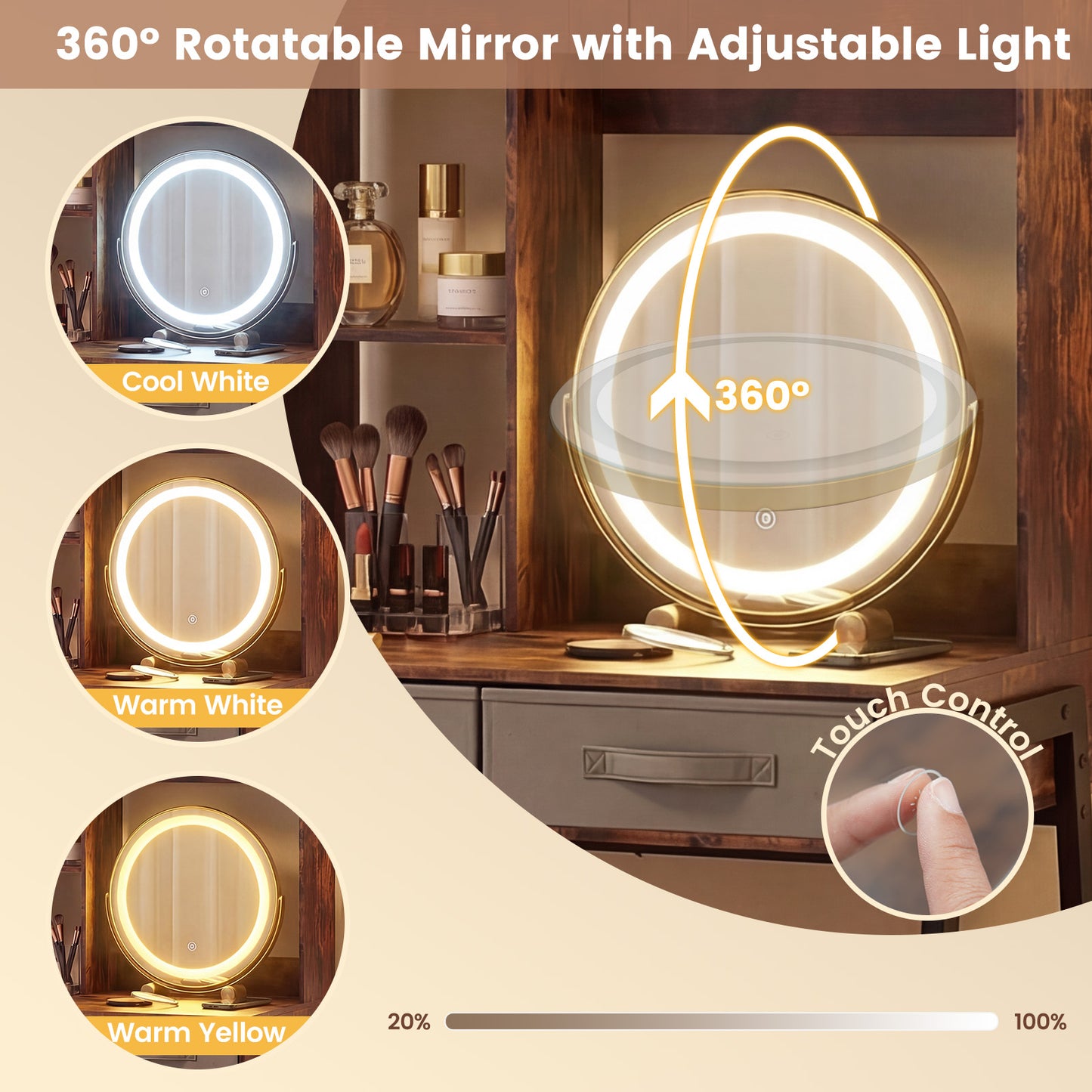Vanity Desk with Rotatable Lighted Mirror and Storage