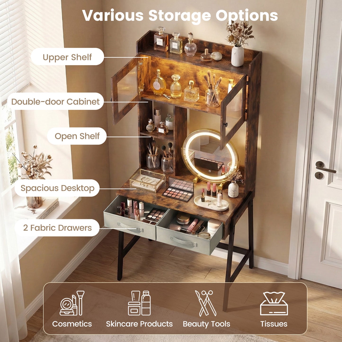 Vanity Desk with Rotatable Lighted Mirror and Storage