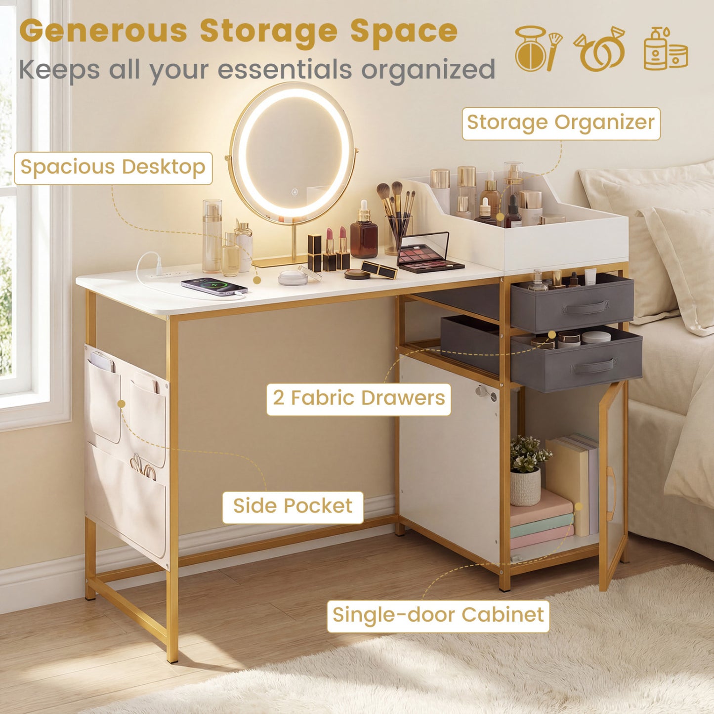 55-Inch Vanity Desk with Rotatable Lighted Mirror & Stool