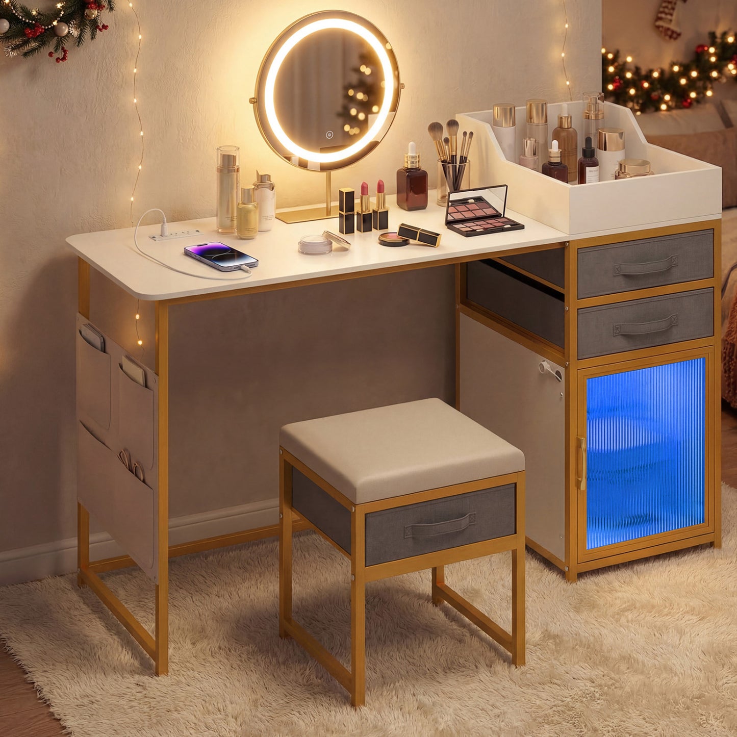 55-Inch Vanity Desk with Rotatable Lighted Mirror & Stool