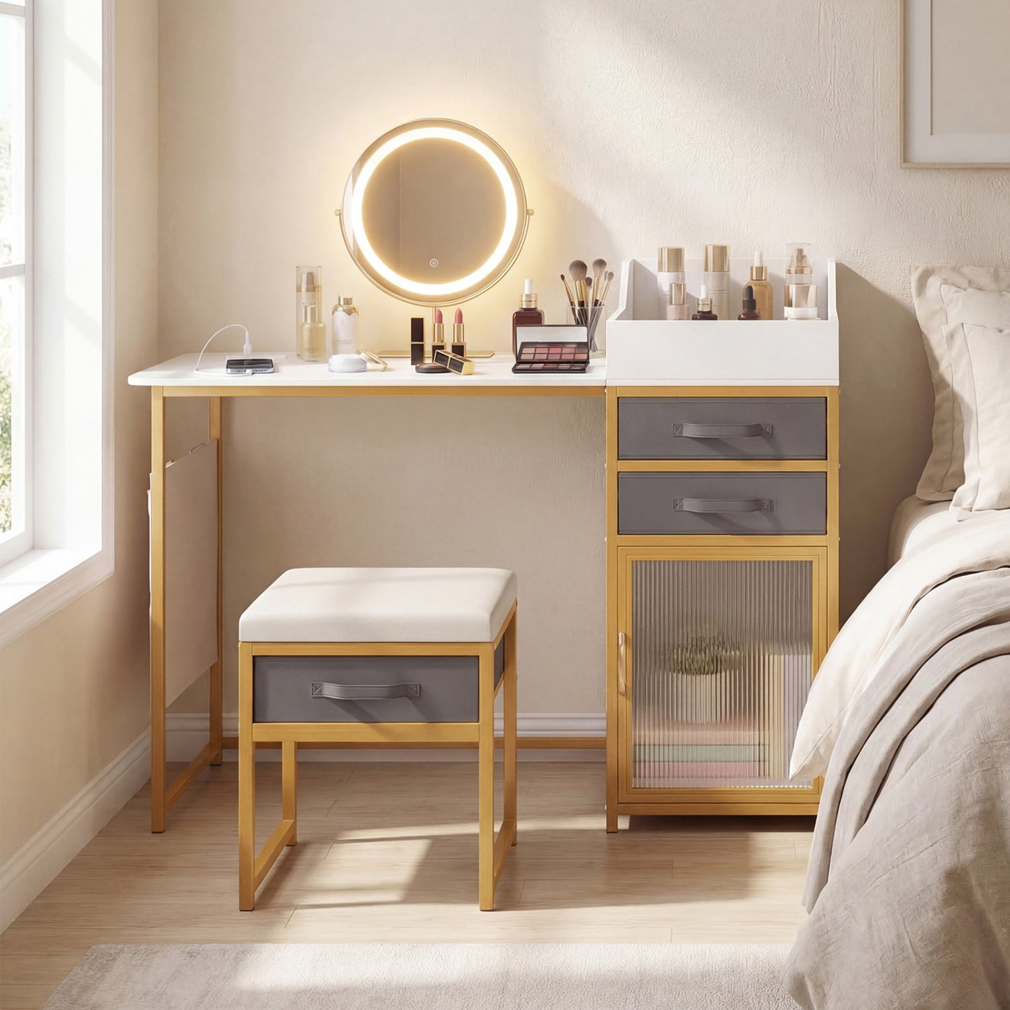 55-Inch Vanity Desk with Rotatable Lighted Mirror & Stool