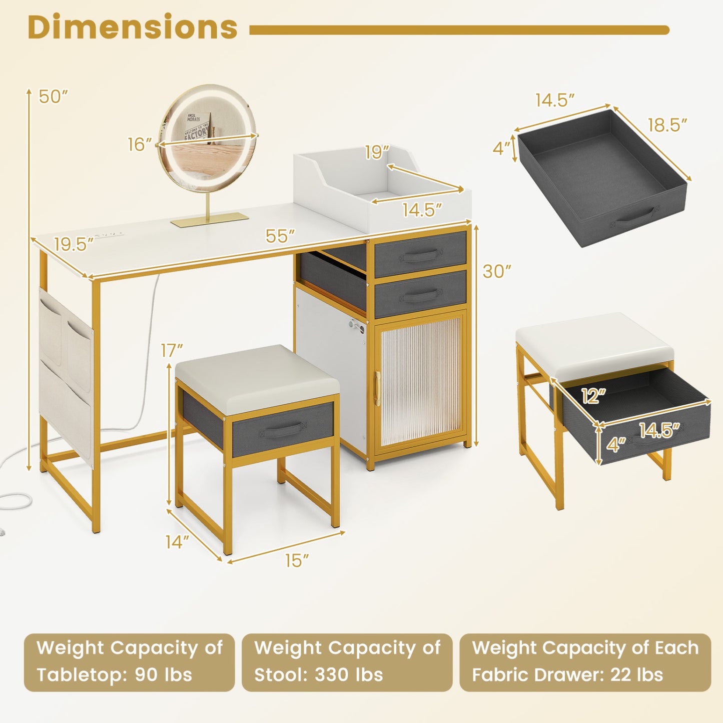 55-Inch Vanity Desk with Rotatable Lighted Mirror & Stool
