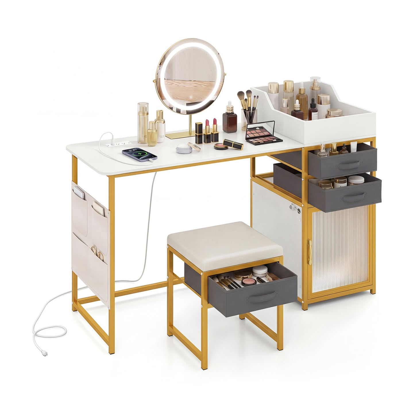 55-Inch Vanity Desk with Rotatable Lighted Mirror & Stool