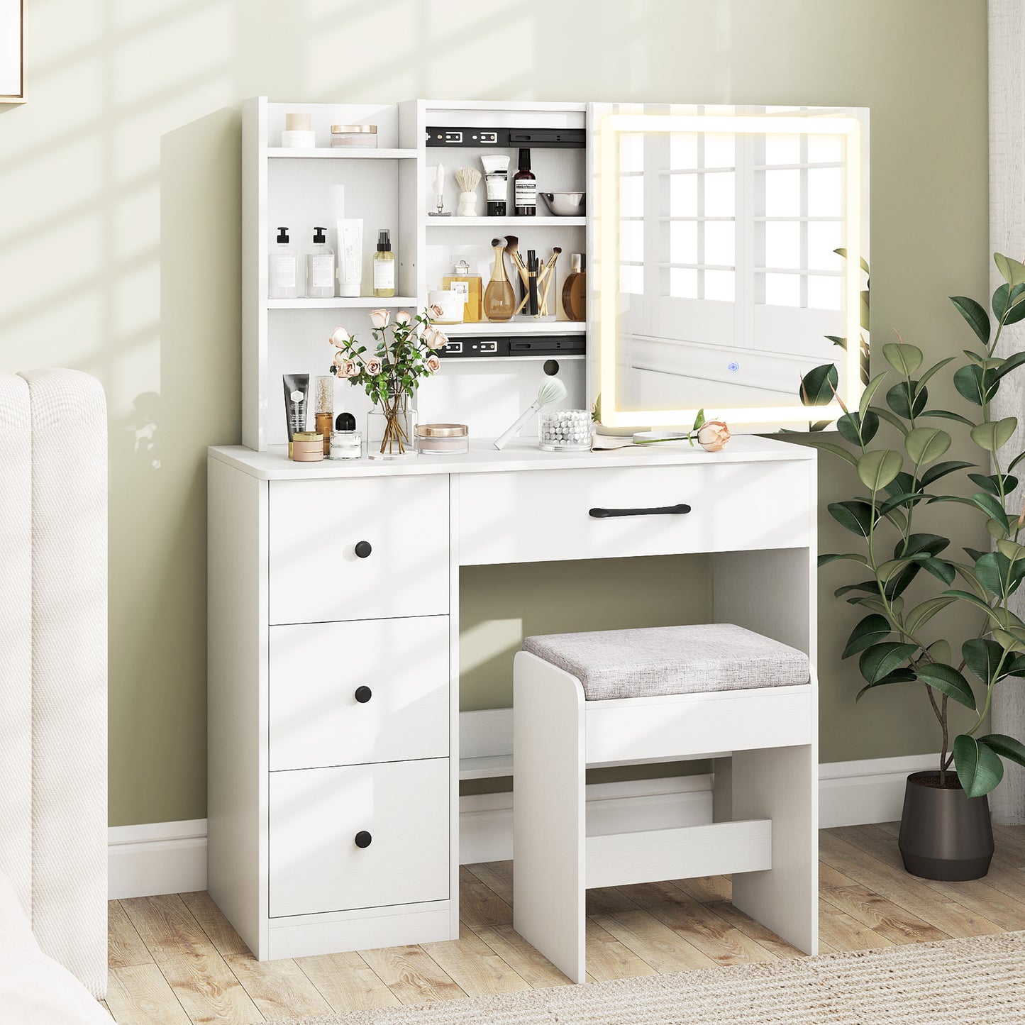Vanity Desk with Sliding Mirror and Lights, 4 Drawers