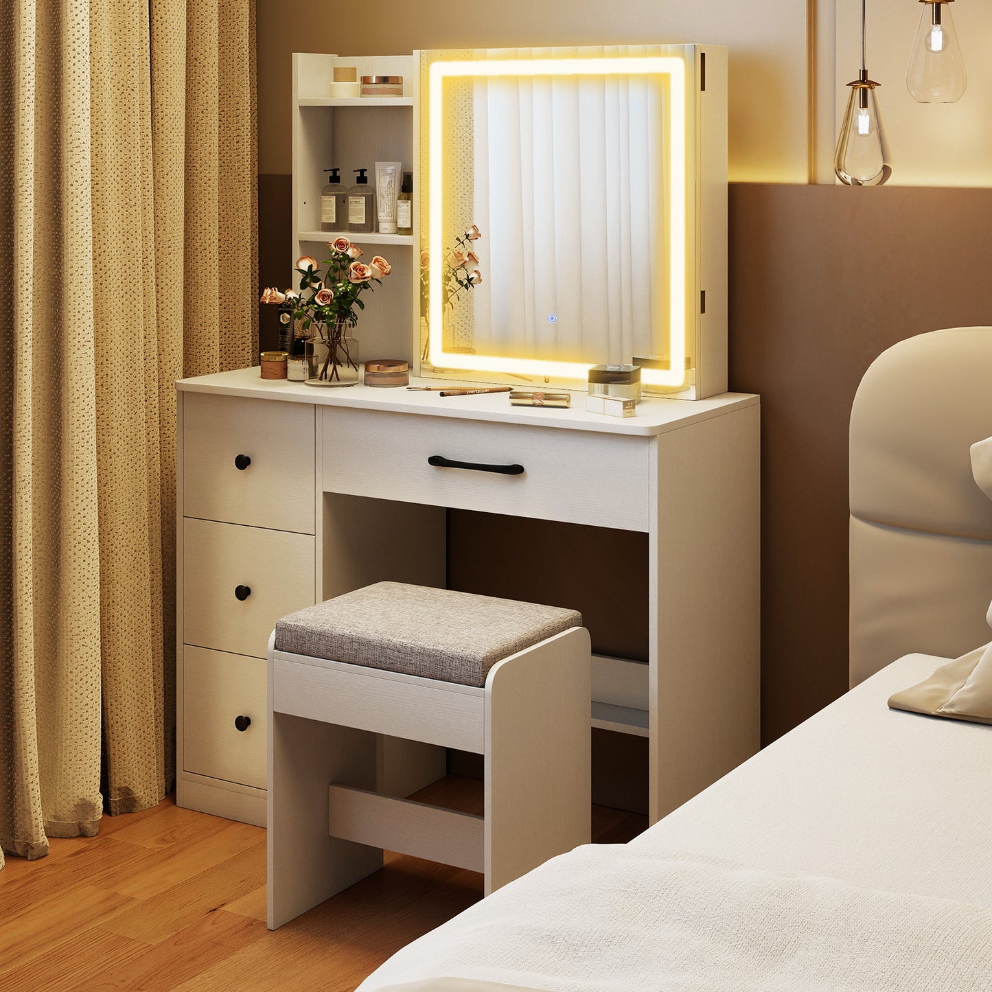 Vanity Desk with Sliding Mirror and Lights, 4 Drawers
