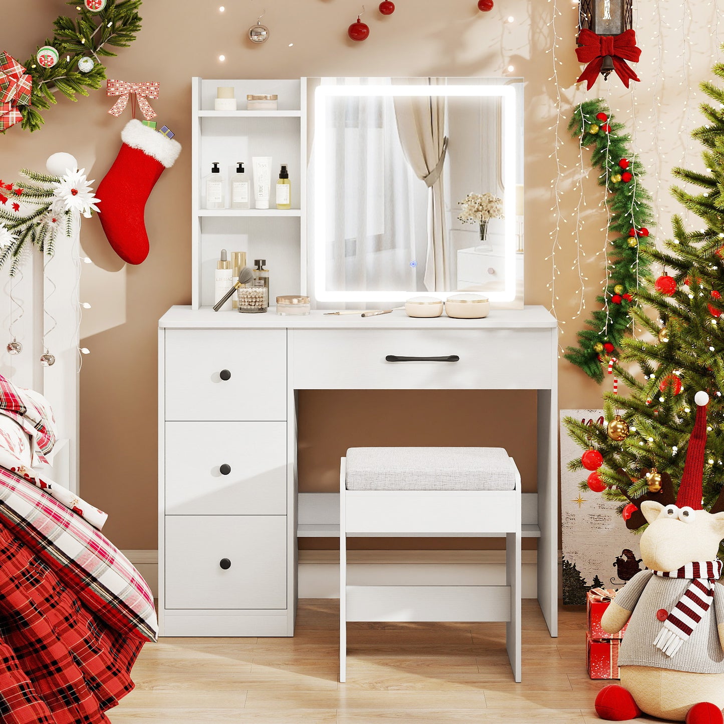 Vanity Desk with Sliding Mirror and Lights, 4 Drawers