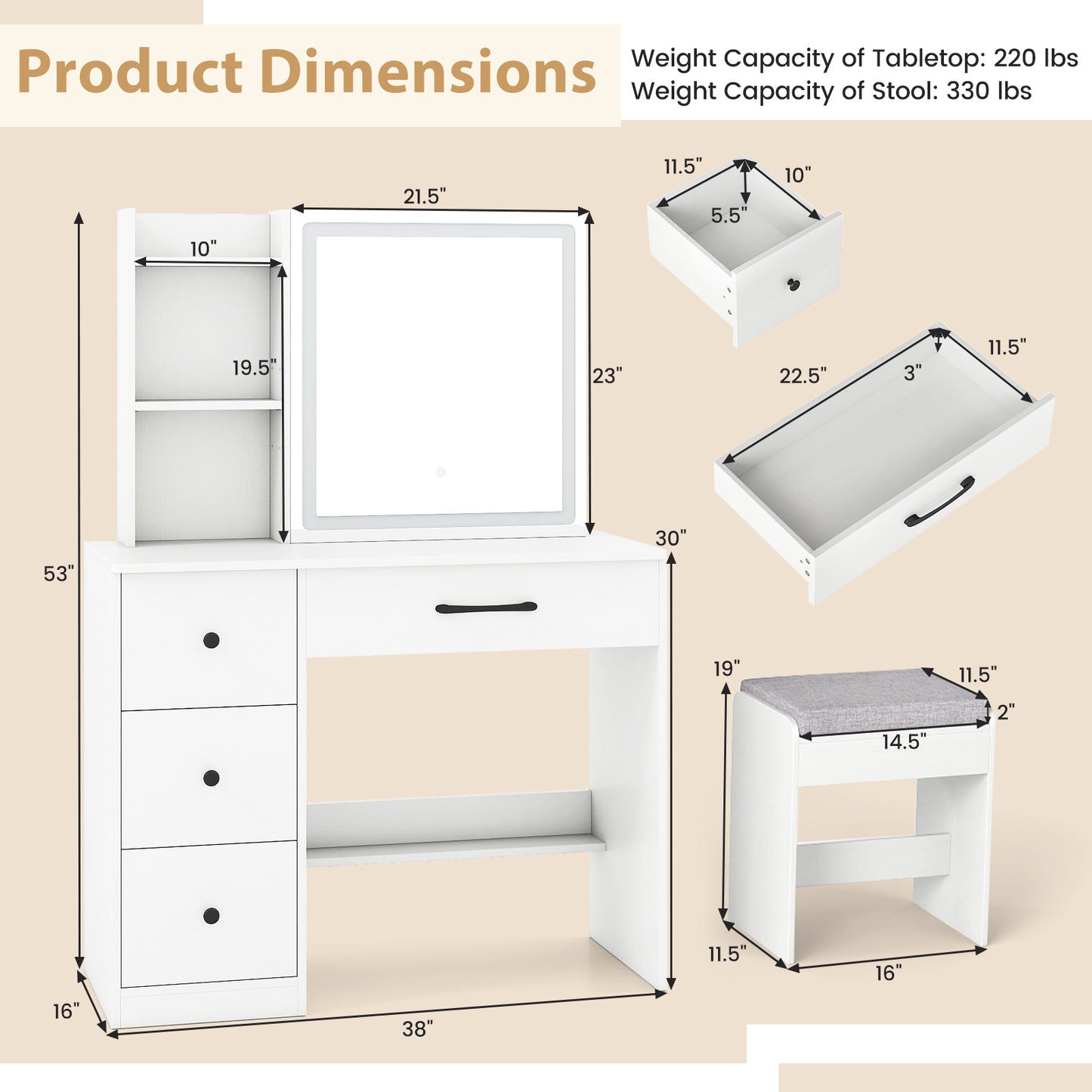 Vanity Desk with Sliding Mirror and Lights, 4 Drawers